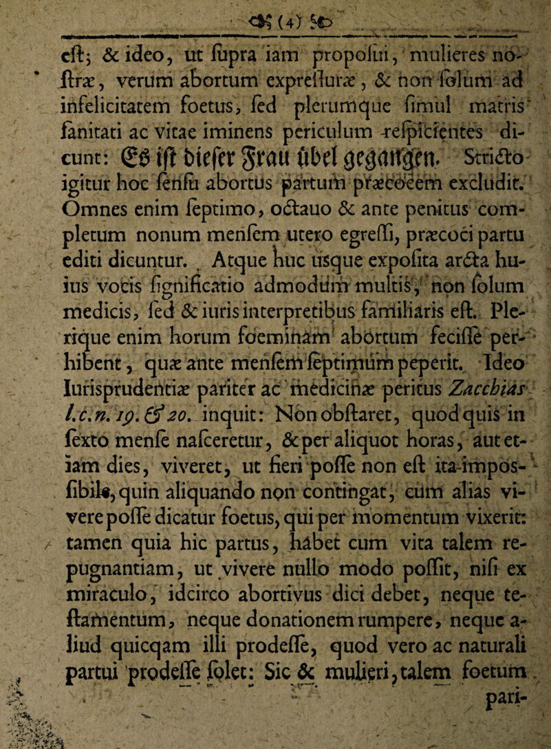 -V. eft; &ideo, ut lupra iam propolin, mulieres no- ftrar, verum abortum expreilune, & hon Iblufn ad infelicitatem foetus, led plerumque fimul matris' fatiitati ac vitae iminens periculum -relpiCientes di¬ cunt: (£61ft btefcr $i4au ubd gc^anqcrt. Strido igitur hoc fertfu abortiis partum pfceifoeern excludit. Omnes enim leptimo, odauo & ante penitus com¬ pletum nonum menlcm utero egredi, pnecoci partu editi dicuntur. Atque huc usque expolita arda hu¬ ius vocis lignificatio admodum multify non (olum medicis, led & iuris interpretibus familiaris eft. Ple- rique enim horum foeminam abortum fecille per¬ hibent , quae ante menlem leptimum peperit. Ideo Iurispfudentiae pariter ac medicinae peritus Zaccbias l.c.n.ip.tf 20. inquit: Nonobftaret, quod quis in fexto menfe nalceretur, & per aliquot horas, aut et¬ iam dies, viveret, ut fieri polle non eft ita-impos- fibil«,quin aliquando non contingat , cum alias vi¬ vere pofle dicatur foetus, qui per momentum vixerit: tamen quia hic partus, habet cum vita talem re¬ pugnantiam, ut vivere nullo modo poflit, nili ex miraculo, idcirco abortivus dici debet, neque te- ftamentum, neque donationem rumpere, neque a- liud quicqam illi prodefle, quod vero ac naturali partui prodelle folec: Sic & muUprij talem foetum  -  ■' pari-