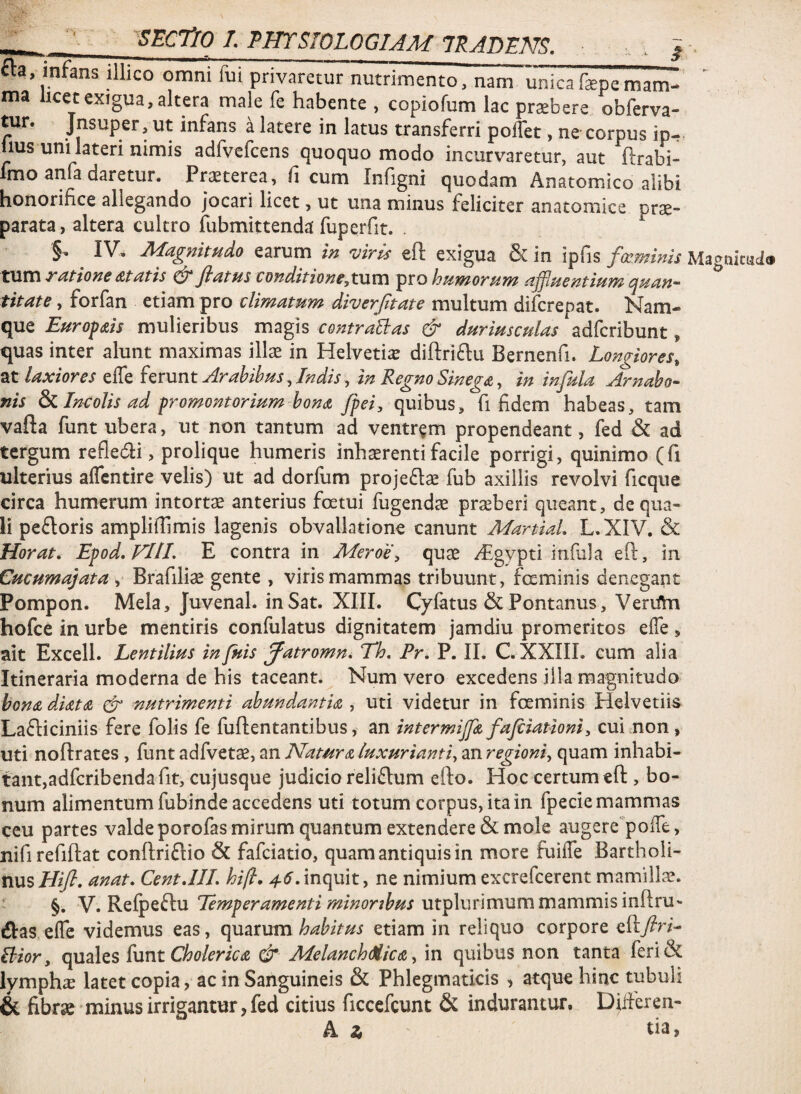 SECfrO T. THrSWLOGIAM TRADENS. } . fta, infans illico omni fui privaretur nutrimento, nam unicafepemam- tna ucecexigua, altera male fe habente , copiofum lac praebere obferva- Wr. Jnsuper.ut infans a latere in latus transferri polTet, ne corpus ip- lius unuateri nimis adfvefcens quoquo modo incurvaretur, aut ftrabi- mo anfa daretur. Pr^terea, fi cum Infigni quodam Anatomico alibi honorifice allegando jocari licet, ut una minus feliciter anatomice prs- parata , altera cultro fubmittendafuperrit. . §, ^ IV, Magnitudo earum in <viris eft exigua & in ipfis fagminis Magnictilci tum tratione Atatis ^ fiatus CDndition€,t\xvc\ pro huwoyuw aj^uentiu?n quan¬ titate , forfan etiam pro climatum diverfitate multum difcrepat. Nam¬ que Euroam mulieribus magis contraBas & duriusculas adfcribunt, quas inter alunt maximas illae in Helvetia difl:ri6lu Bernenfi. Longiores, at laxiores efle Arabibus, Jndis, in RegnoSinegA, in infula Amabo- nis &i Incolis ad-promontorium bonA /pei, quibus, fi fidem habeas, tam vafta funt ubera, ut non tantum ad ventrem propendeant, fed & ad tergum refledli, prolique humeris inhaerenti facile porrigi, quinimo (fi ulterius alTcntire velis) ut ad dorfum projeflae fub axillis revolvi ficqiie circa humerum intorta anterius foetui fugend^ praeberi queant, de qua¬ li peftoris ampliflimis lagenis obvallatione canunt Martial. L.XIV. & Horat. Epod,FlIL E contra in Meroh\ quae /Egypti infula eO:, in Cucumajata , Brafiliae gente , viris mammas tribuunt, fosminis denegant Pompon. Mela, Juvenal. inSat. XIII. Cyfatus & Fontanus, Veriihi hofce in urbe mentiris confulatus dignitatem jamdiu promeritos elTe , ait Excell. Lentilius infnis ^atromni Eh, Pr, P. II. C. XXIII. cum alia Itineraria moderna de his taceant. Num vero excedens illa magnitudo bonA diAtA & nutrimenti abundantiA , uti videtur in foeminis Helvetiis Lafliciniis fere folis fe fuftentantibus, an intermijfA fajciationi, cuicnon , uti noftrates, funt adfvetae, an NamrA luxurianti, an regioni, quam inhabi- faiit,adfcribendarit, cujusque judicio reliflum efto. Hoc certum eft, bo¬ num alimentum fubinde accedens uti totum corpus, ita in fpecie mammas ceu partes valde porofas mirum quantum extendere & mole augere^poffe, nifi refiftat conftriflio & fafciatio, quam antiquis in more fuilTe Bartholi¬ nus//^. anat, CentJIL hift, inquit, ne nimium excrefcerent mamilla?. ' §. YTemperamenti minoribus iflas effe videmus eas, quarum habitus etiam in reliquo corpore efty?r/- Bior, cpoLzlzs^untCholericA & MelanchdiicA, in quibus non tanta feri& lympha? latet copia, ac in Sanguineis & Phlegmaticis , atque hinc tubuli & fibr«e minus irrigantur, fed citius ficcefcunt & indurantur. Dilferen-