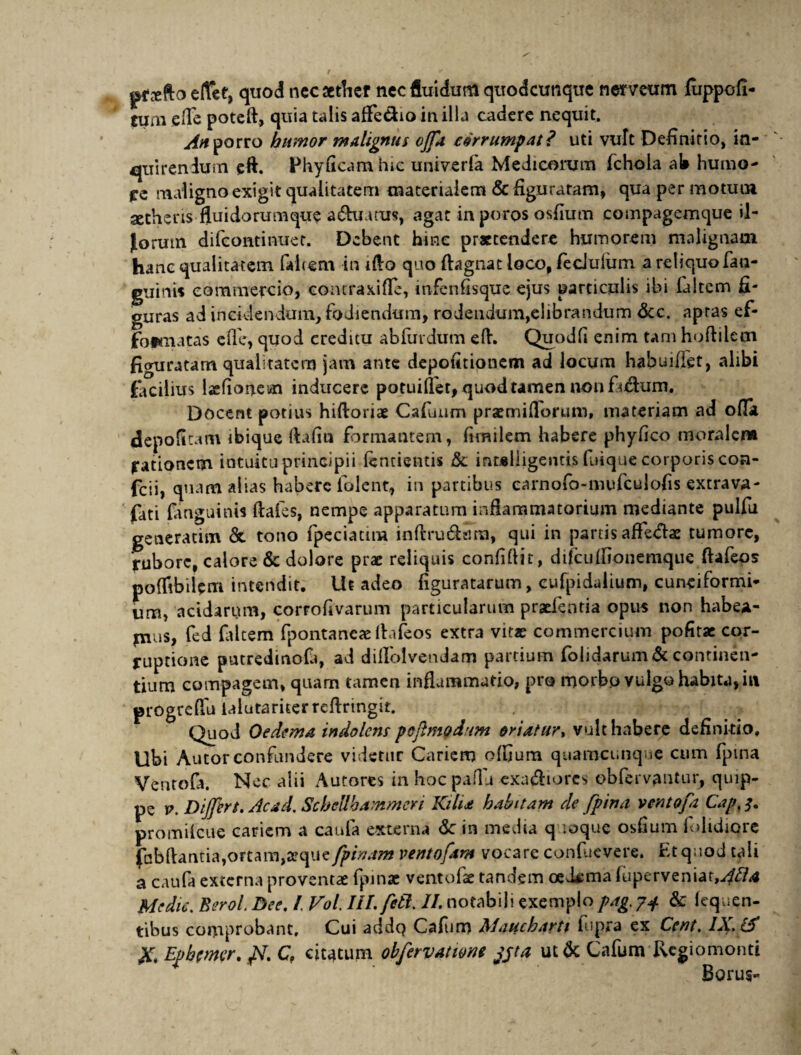 ple fle e, quod ncc aether nec fluidum quodcunque nemum fuppofi- tum eHe poteft, quia talis afFe&io in illa cadere nequit. An porro humor malignus offa corrumpat? uti vult Definitio, in¬ quirendum eft. Phyficamhie univerfa Medicorum fchola ab humo¬ re maligno exigit qualitatem materialem & figuratam, qua per motum aetheris fluidorum que a&u.uus, agat in poros osfiutn compagemque il¬ eorum difeontinuet. Debent hine praetendere humorem malignam hanc qualitatem falcem in ifto quo ftagnat loco, recJuliim a reliquo fan- gtrinis commercio, coatraxifle, infenfisque ejus particulis ibi laltem fi¬ guras ad incidendum, fodiendum, rodendum,elibrandum &c. apras ef- fo «natas effe, quod creditu abfurdum eft. Quodft enim tam hoflilecn figuratam qualitatem jam ante depolitionem ad locum habuiffet, alibi facilius Isfionem inducere potuifler, quod tamen non fy#um. Docent potius hiftoriae Cafuum praemiflorum, materiam ad ofla depolitam ibique flafiu formantem, fimilem habere phyfico moralem Rationem intuitu principii femientis &l intelligemis fuique corporis con- fcii, quam alias habere iolent, in partibus canaofo-nuifculofis extra va¬ cati finguinis ftafes, nempe apparatum inflammatorium mediante pulfu generarim &. tono fpeciatim inftru&ara, qui in parris affedae tumore, rubore, calore & dolore prae reliquis confifiit, difcuffionemque ftafeos pofiibilem intendit. Ut adeo figuratarum, cufpidalium, cuneiformi¬ um, acidarum, corrofivarum particularum praefentia opus non habea¬ mus, fed (altem fpontaneae Ihfeos extra vitae commercium pofitac cor¬ ruptione putredinoft, ad dillolvendam partium folidarum& continen¬ tium compagem, quam tamen inflammatio, pro morbo vulgo habita, in progreflu lalutariterreftringit. Quod Oedema indolcns poflmgdum oriatur, vult habere definitio. Ubi Autor confundere videtur Cariem ofijum quamcunque cum fpma Ventofa. Nec alii Autores in hoc paflu exactores obfcrvautur, quip¬ pe v. Differt. Ac ad. Schellhammen Kiha habitam de [pina ventofa Cap. promilcue cariem a caufa externa <3!c in media quoque osfium fohdiore fabftantia,ortam,teque fpinam ventofam vocare confuevere. Et quod tali a caufa externa proventae (pinae ventofae tandem oedema fuperveniat,4^?4 Medie. Eeroi Dee. I Vol. III. feti. II. notabili exemplo pag. 74 & lequen- tibus comprobant. Cui adde? Cafum Maucharti fupra ex Cent. IX. & X. Epbfmer. /sT. C, citrum obfervatwm jjta ut & Cafum Regiomonti Borus-