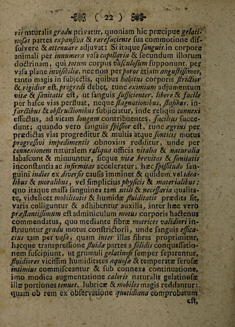 ' t ' •'/* A ' - r 'V\ ’ '* '» ?' rirnaturalisgrafo privatur, quoniam hic prxcipuegelari* no fas parces expanfiva & rarefaciente fua commotione dif- foivere &l attenuare adjuvat: Si itaque fanguisXw corpore animali per innumera vafa capillaria & fecundum illorum doflrinam , qui totum corpus va/culofumfupponum^ per vafa plane invifihilia, nec non per foros etiam angujUJfimos, tanto magis in fubjedis, quibus habitus corporis firiftior & rigidior eft,progredi debet, tunc eximium adjumentum vitee & fanitatis eft, ucfanguis fuffiaenter, libere &l facile ] per hafce vias perfluat, neque /agnationibus % flafhm\ in- farclibus.& ob/lruclionifms fubjipiatur, inde re 1 iqui connexi effefljis, ad vitam longam contribuente^, facilius fucoe- diint ; quando vero fyngms fpijfior eft, tunc agrius per praediflas vias progreditur .& multis atque fonticis motus progrejjivi impedimentis obnoxius redditur, unde per connexionem n at u r ale m rdiqua q fficia vitalia & naturalia labafcunt& minuuntur , ficque vitee .brevitas & fanitatis in conflanti a w infirmitas acceleratur; hxc/pi/fiiudo fan- guini mites cx diverfs caufis imminet & quidem y<s\t den¬ tibus & moralibus, vel fimplicius phy ficis & materialibus: quo itaque mafla fanguinea tam Mtih & neceflaria qualita- te, videlicet mobilitatis Sc humidae flui ditatis praedica fit, varia colliguntur & adhibentur auxilia, inter haec vero preeflantijfimum eft adminiculum motus corporis hadlenus commendatus, quo mediante fibne motrices validiori in- ftruuntur gradu motus conftriftorii, unde fanguis effica¬ cius tam per vafay quam inter illas fibras proprimitur, hjcque transprelfione fluides partes a /olidis con qua (latio¬ nem fufcipiunt, ut grumuli gelatinofi femper feparentur, flttidiores viciflim humiditates aquofie & temperate ferofae intimius commifceantur & fub connexa continuatione, imo modica augmentatione caloris naturalis gelatinofe illae portiones tenues, lubricae & mobiles magis reddantur : quam ob rem ex obfervacione quotidiana comprobatum c . eft,
