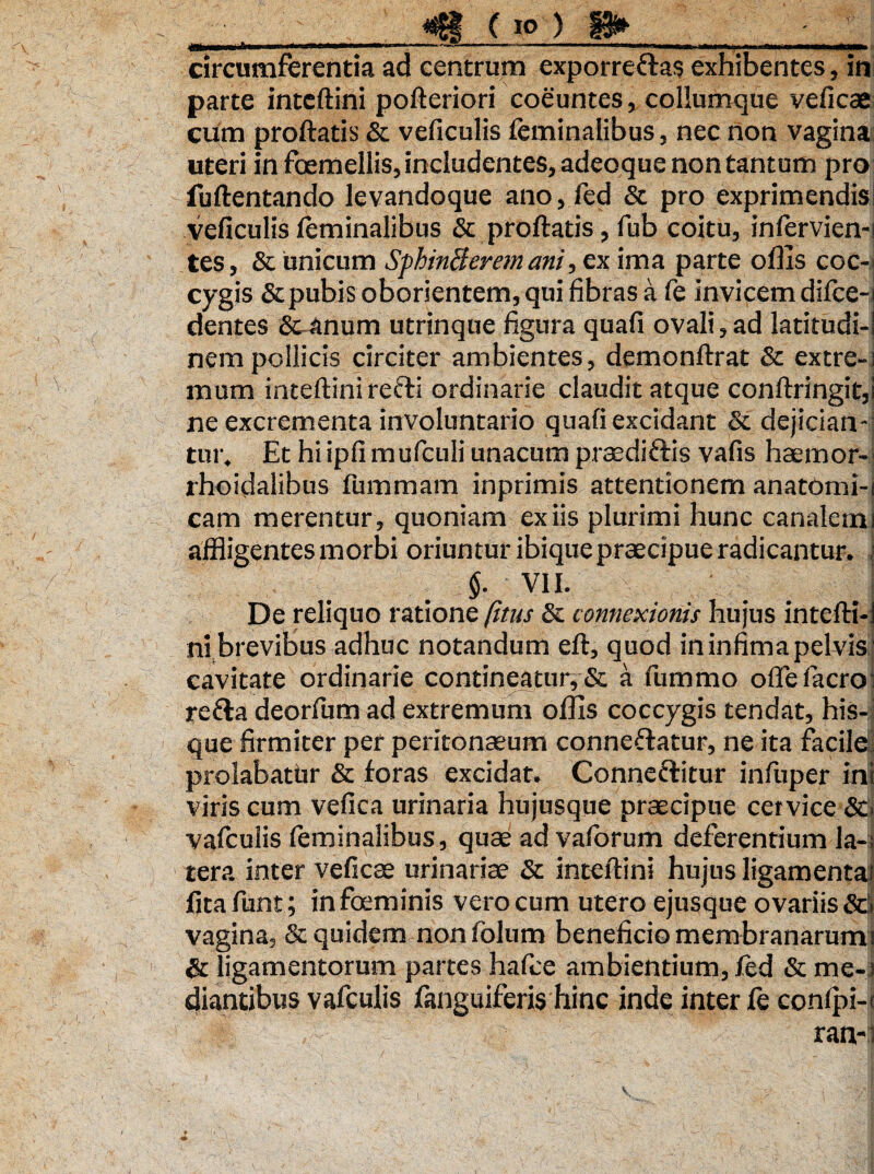 «8 (io> m l—l' 1*1—1 - ' * *  •“ »■■■'■■ irilllUB^MMani ll—«—Ij «II «M—MMM* circumferentia ad centrum exporrettas exhibentes, in parte inteftini pofteriori coeuntes, collumque veficae cum proftatis & veficulis feminalibus, nec non vagina uteri in foemellis, includentes, adeoque non tantum pro fuftentando levandoque ano, fed & pro exprimendis! veficulis feminalibus & proftatis, fub coitu, infervien-i tes, & unicum SphinBerem ani, ex ima parte oflis coc¬ cygis & pubis oborientem, qui fibras a fe invicem difee-i dentes &anum utrinque figura quafi ovali, ad latitudi-i nem pollicis circiter ambientes, demonftrat & extre-i mum inteftini refti ordinarie claudit atque conftringit,! ne excrementa involuntario quafi excidant & dejician-' tur. Et hi ipfi mufculi unacum prasdi&is vafis haernor- rhoidalibus fummam inprimis attentionem anatoni i-i cam merentur, quoniam exiis plurimi hunc canaletm affligentes morbi oriuntur ibique praecipue radicantur, j $. VII. De reliquo ratione (itus & connexionis hujus intefti-1 ni brevibus adhuc notandum eft, quod in infima pelvis ' cavitate ordinarie contineatur, & a fummo oflelacroi reda deorfum ad extremum oflis coccygis tendat, his- que firmiter per peritonaeum conne&atur, ne ita facile , prolabatbr & foras excidat. Conneftitur inftiper ini viris cum vefica urinaria hujusque praecipue cervice &. vafculis feminalibus, quae ad vaforum deferentium la-; ter a inter veficae urinariae & inteftini hujus ligamenta! fita funt; in foeminis vero cum utero ejusque ovariis 86 vagina, & quidem nonfolum beneficio membranarum! & ligamentorum partes hafce ambientium,fed & me-i diantibus vafculis fanguiferis hinc inde inter fe conlpi-c ran-i)