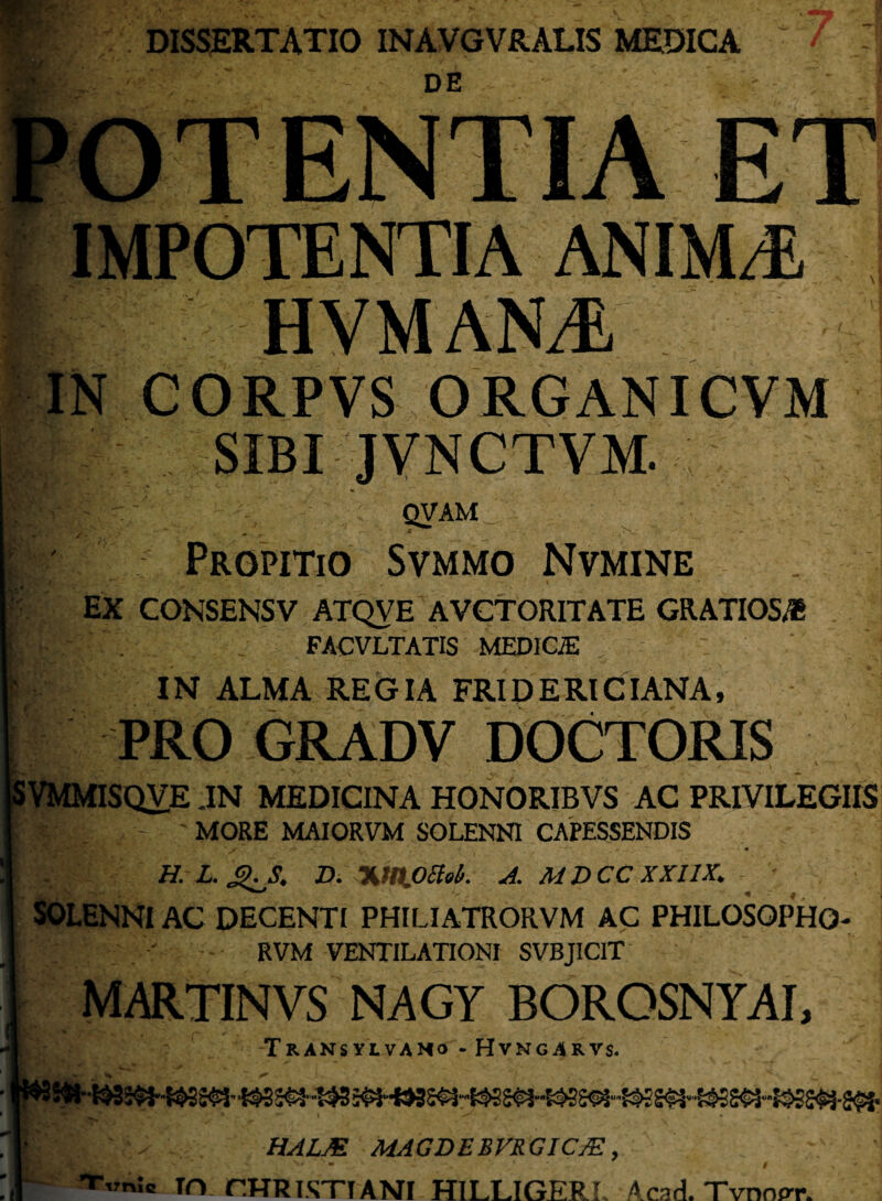 n* DISSERTATIO INAVGVRALIS MEDICA ET IMPOTENTIA ANIMAE E f IN CORPVS ORGANICVM SIBI JYNCTVM. V QVAM „ Propitio Svmmo Nvmine EX CONSENSV ATQVE AVCTORITATE GRATIOS/® . FACVLTATIS MED1CJE IN ALMA REGIA FRIDERICIANA, PRO GRADV DOCTORIS TMMISQVE .in medicina honoribvs ac privilegii ' MORE MAIORVM SOLENNI CAPESSENDIS - H.L.QJ. D. •KtnjOSlob. A. AID CC XXIIX, - SOLENNI AC DECENTI PHILIATRORVM AC PHILOSOPHO- RVM VENTILATIONI SVBJICIT MARTINVS NAGY BOROSNYAI, Transylvano -Hvngarvs. A» w * . w HALAS. MAGDEBVRGICJE, $ T„nJB TO CHRISTIANI H1LLIGERL A,cad. Tvnoe-r.