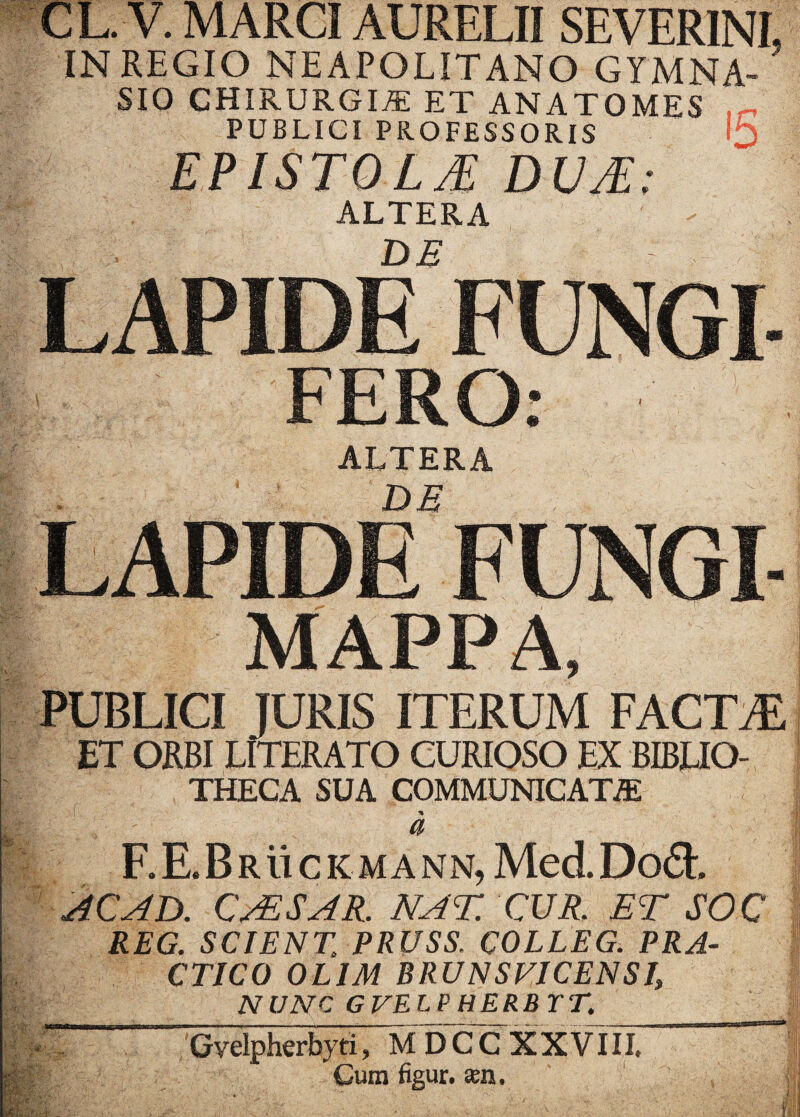 f . V. MARCI AURELII SEVERINL IN REGIO NEAPOLITANO GYMNA¬ SIO CHIRURGIAE ET ANATOMES ir, PUBLICI PROFESSORIS O EPISTOLM DUE: ALTERA DE ■&M FUNGI t A m FERO: ALTERA ll?l; DE LAPIDE FUNGI H MAPPA, PUBLICI JURIS ITERUM FACTAE ITERATI ET ORBI LITERATO CURIOSO EX BIBLIO¬ THECA SUA COMMUNICATO a F.E.Br iicKMA nn, Med. Do£t AC AD. CAESAR. NAT. CUR. ET SOC REG. SCIENT. PRUSS. COLLEG. PRA- CTICO 0L1M BRUNSFICENSI, NUNC GVELP HERB TT, Gvelpherbyti, M DCC XXVIII. Cura figur. ara. vi-Y' .' j. i