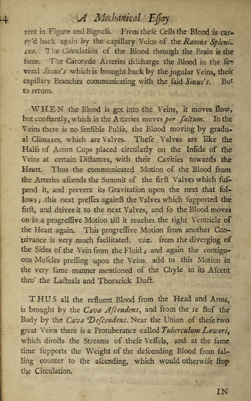 rent in Figure and Bignefs. From thefe Cells the Blood is car- rv’d back again by the capillary Veins of the Ramus Spleni- cus. The Circulation of the Blood through the Brain is the lame. The Carotyde Arteries diicharge the Blood in the fe- veral Situs's which is brought back by the jugular Veins, their capillary Branches communicating with the laid Sinus's. But to return. • . - — ^ *r li W HE N the Blood is got into the Veins, it moves flow, but conftantly, which in the Arteries moves per faltum. In the Veins there is no fenfible Pulfe, the Blood moving by gradu¬ al Climaxes, which are Valves. Thefe Valves are like the Halfs of Acorn Cups placed circularly on the Infide of the Veins at certain Diftances, with their Cavities towards the Heart. Thus the communicated Motion of the Blood from the Arteries afcends the Summit of the fir ft Valves which fuf- pend it, and prevent its Gravitation upon the next that fol¬ lows ,* this next prefles againft the Valves which fupported the firft, and drives it to the next Valves, and fo the Blood moves on in a progreffive Motion till it reaches the right Ventricle of the Heart , again. This progreffive Motion from another Con¬ trivance is very much facilitated, viz. from the diverging of the Sides of the Vein from the Fluid i and again the contigu¬ ous Mufcles preffing upon the Veins, add to this Motion in the very fame manner mentioned of the Chyle in its Afcent thro' the Lacteals and Thoracick Dutt. THUS all the refluent Blood from the Head and Arms, is brought by the Cava Afcendens, and from the re ftof the Body by the Cava T)efcendens. Near the Union of thefe two great Veins there is a Protuberance called Tuberculum L&vseri, which direcls the Streams of thefe Veflels, and at the fame time fupports the Weight of the defcending Blood from fal¬ ling counter to the afcending, which would otherwife flop tl>e Circulation. IN