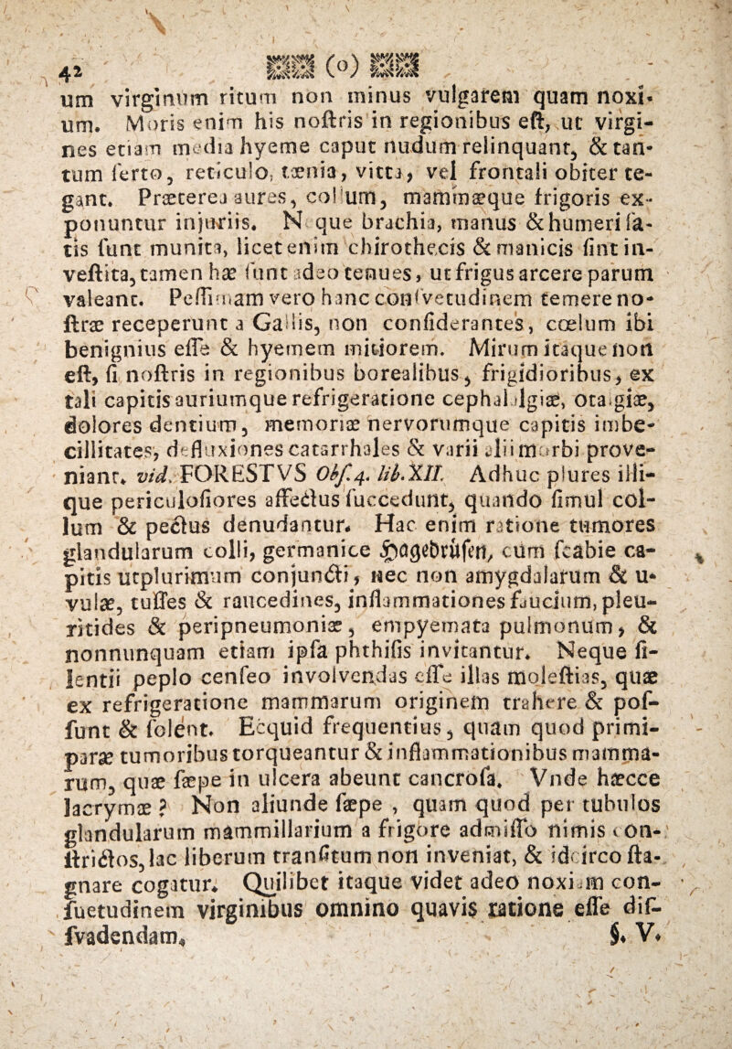 I 4»' IBI (o) liti > - um virginum ritum non minus vulgarem quam noxi¬ um. Moris enim his noftris in regionibus eft, ut virgi¬ nes etiam media hyeme caput nudum relinquant, & tan¬ tum ferto, reticulo; taenia, vitta, vel frontali obiter te¬ gant. Praeterea aures, col um, mammaeque frigoris ex¬ ponuntur in juriis. N que brachia, manus & humeri fa¬ tis funt munita, licet enitn chirothe,cis & manicis fintin- veftita, tamen hae funt adeo tenues, ut frigus arcere parum valeant. Peflimam vero hanc confvetudinem temere no- ftrae receperunt a Gallis, non confiderantes, coelum ibi benignius e fle & hyemem mitiorem. Mirum itaque non eft, fi noftris in regionibus borealibus, frigidioribus, ex tali capitis auriumque refrigeratione cephai dgise, ota.giae, dolores dentium, memoriae nervorumque capitis imbe¬ cillitates, defluxiones catarrhales & varii ali i ni urbi prove¬ niant. wXFORESTVS Ob/4, lib. XII. Adhuc plures illi- que periculofiores affedus fuccedunt, quando fimul col¬ lum & pecfus denudantur. Hac enim ratione tumores glandularum colli, germanice £)flget)nifen, cum fcabie ca¬ pitis utplurimum conjuntfti, nec non amygdalarum & u* vulae, tuffes & raucedines, inflammationes faucium, pleu- ritides & peripneumoniae, empyemata pulmonum, & nonnunquam etiam ipfa phthifis invitantur. Neque fi- Jentii peplo cenfeo involvendas e fle illas ffloleftias, quae ex refrigeratione mammarum originem trahere & pof- funt & folent. Ecquid frequentius, quam quod primi¬ parae tumoribus torqueantur & inflammationibus mamma¬ rum, quae faepe in ulcera abeunt cancrofa. Vnde haecce lacrymae ?' Non aliunde faepe , quam quod per tubulos glandularum mammillarium a frigore admitto nimis eon- ilri<ftos,lac liberum tranfitumnon inveniat, & idcirco fta- gnare cogatur. Quilibet itaque videt adeo noxiam con- fuetudinem virginibus omnino quavis ratione efle dif- fvadendam, $♦ V. /