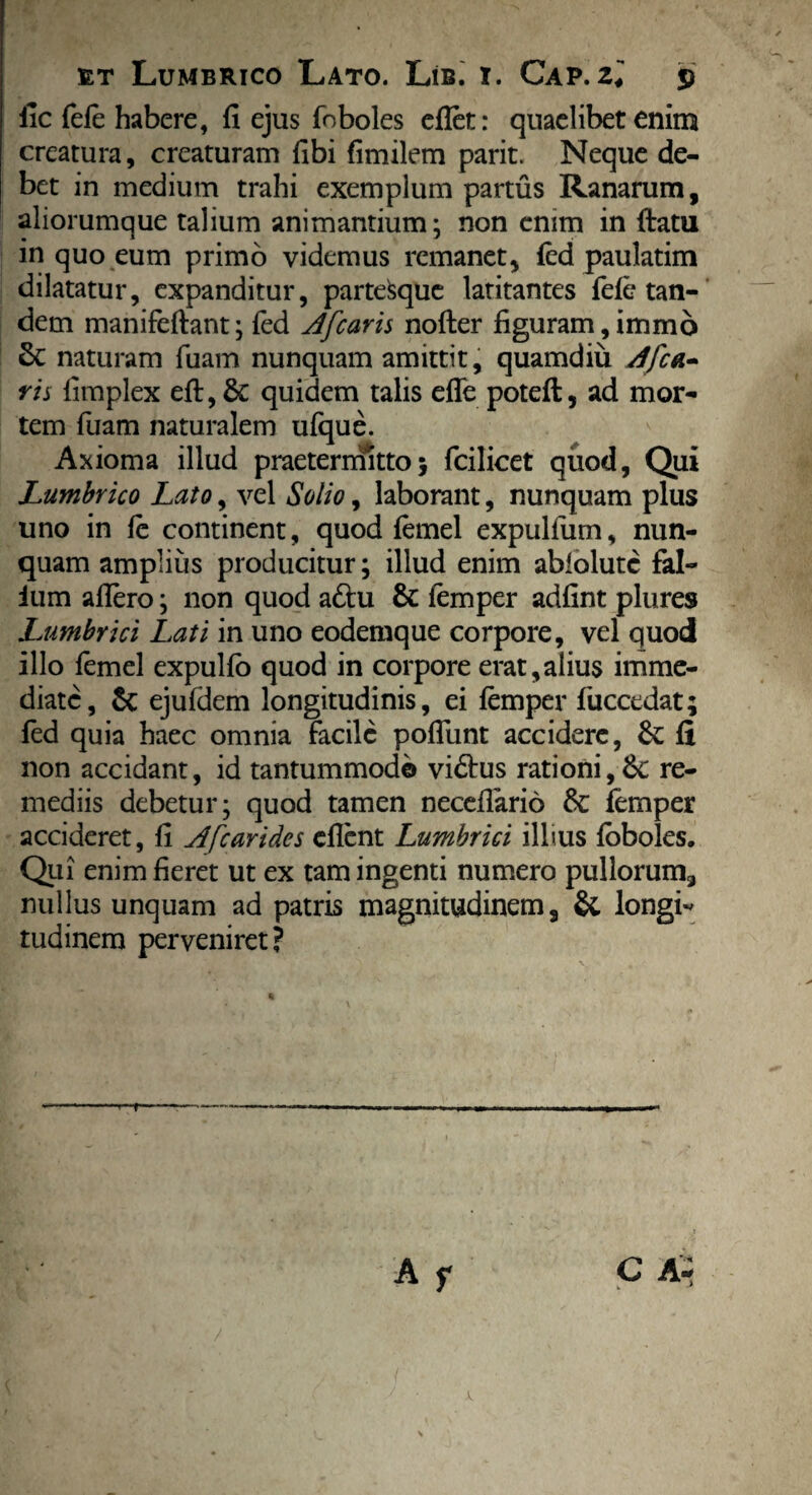 iic fele habere, fi ejus foboles ellet: quaelibet enim creatura, creaturam fibi fimilem parit. Neque de¬ bet in medium trahi exemplum partus Ranarum, aliorumque talium animantium; non enim in ftatu in quo eum primo videmus remanet, led paulatim dilatatur, expanditur, partekque latitantes fele tan¬ dem manifeftant; fed Afcaris nofter figuram, immo 6c naturam fuam nunquam amittit, quamdiu Afca- ris fimplex eft,& quidem talis efle poteft, ad mor¬ tem fuam naturalem ufque. Axioma illud praetermitto5 fcilicet quod, Qui Lumbrico Lato, vel Solio, laborant, nunquam plus uno in le continent, quod lemel expulfum, nun¬ quam amplius producitur; illud enim ablolute fal- ium allero; non quod a£hi & lemper adfint plures Lumbrici Lati in uno eodemque corpore, vel quod illo femel expullb quod in corpore erat,alius imme¬ diate, & ejuldem longitudinis, ei lemper fuccedat; fed quia haec omnia facile poliunt accidere, &: fi non accidant, id tantummodo vidtus rationi, &; re¬ mediis debetur; quod tamen necellario &: lemper accideret, fi A [carides cllent Lumbrici illius loboles. Qui enim fieret ut ex tam ingenti numero pullorum, nullus unquam ad patris magnitudinem, & longi¬ tudinem perveniret?