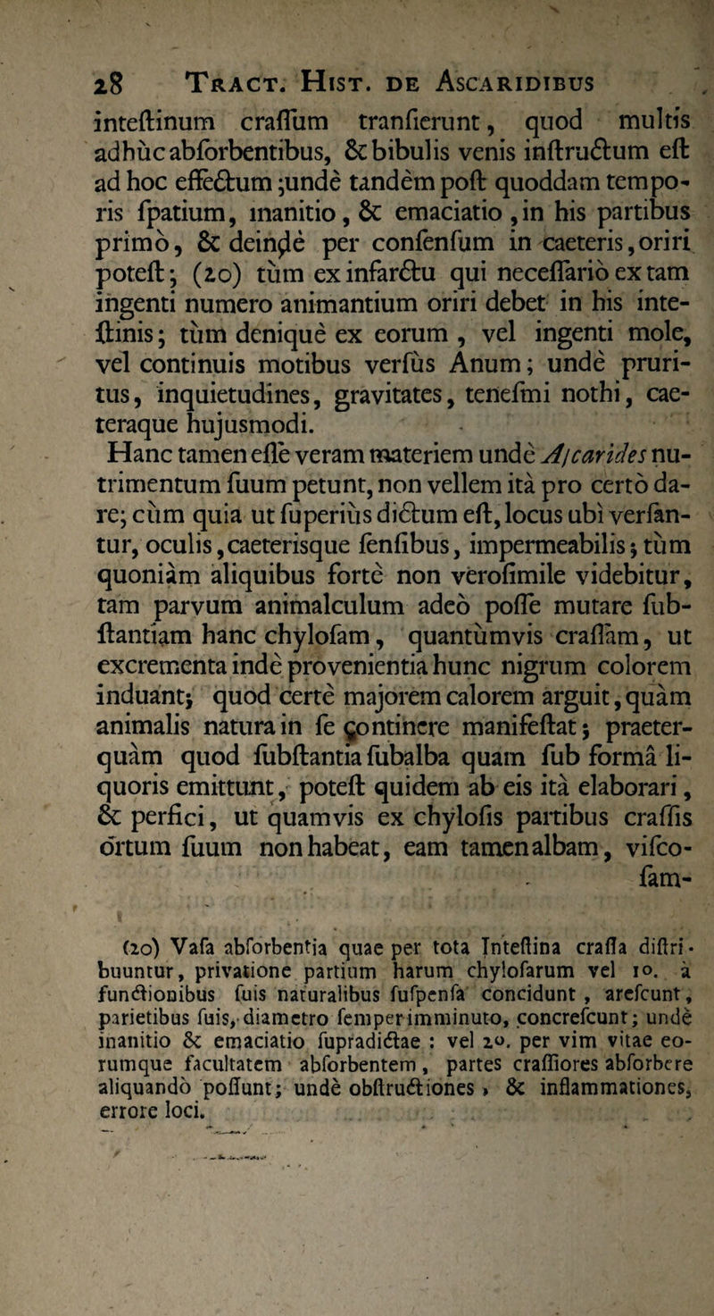inteftinum craflum tranfierunt, quod multis adhuc abforbentibus, bibulis venis inftru&um eft ad hoc effeftum ;unde tandem poft quoddam tempo¬ ris fpatium, inanitio, 6c emaciatio,in his partibus primo, & deinde per confenfum in caeteris,oriri poteft; (2,0) tum exinfar&u qui neceflarib ex tam ingenti numero animantium oriri debet in his inte- ftinis; tum denique ex eorum , vel ingenti mole, vel continuis motibus verfus Anum; unde pruri¬ tus, inquietudines, gravitates, tenefmi nothi, cae- teraque hujusmodi. Hanc tamen efle veram materiem unde Ai carides nu¬ trimentum Tuum petunt, non vellem ita pro certo da¬ re; ciim quia ut fuperiiis di6him eft, locus ubi verfan- tur, oculis,caeterisque lenfibus, impermeabilis5 tum quoniam aliquibus forte non verofimile videbitur, tam parvum animalculum adeo pofle mutare fub- ftantiam hanc chylofam, quantumvis craflam, ut excrementa inde provenientia hunc nigrum colorem induant* quod certe majorem calorem arguit, quam animalis natura in fe gontincre manifeftat* praeter¬ quam quod ftibftantia fubalba quam fub forma li¬ quoris emittunt, poteft quidem ab eis ita elaborari, & perfici, ut quamvis ex chylofis partibus craffis ortum fuum non habeat, eam tamen albam, vifco- fam- (20) Vafa abforbentia quae per tota Inteftina crafla diflri- buuntur, privatione partium harum chylofarum vel 10. a fundlionibus fuis naturalibus fufpenfa concidunt , arefcunt, parietibus fuis, diametro femper imminuto, concrefcunt; unde inanitio &: emaciatio fupradidtae : vel z». per vim vitae eo- rutnque facultatem abforbentem, partes craffiores abforbere aliquando poliunt; unde obftrudtiones » & inflammationes, errore loci.