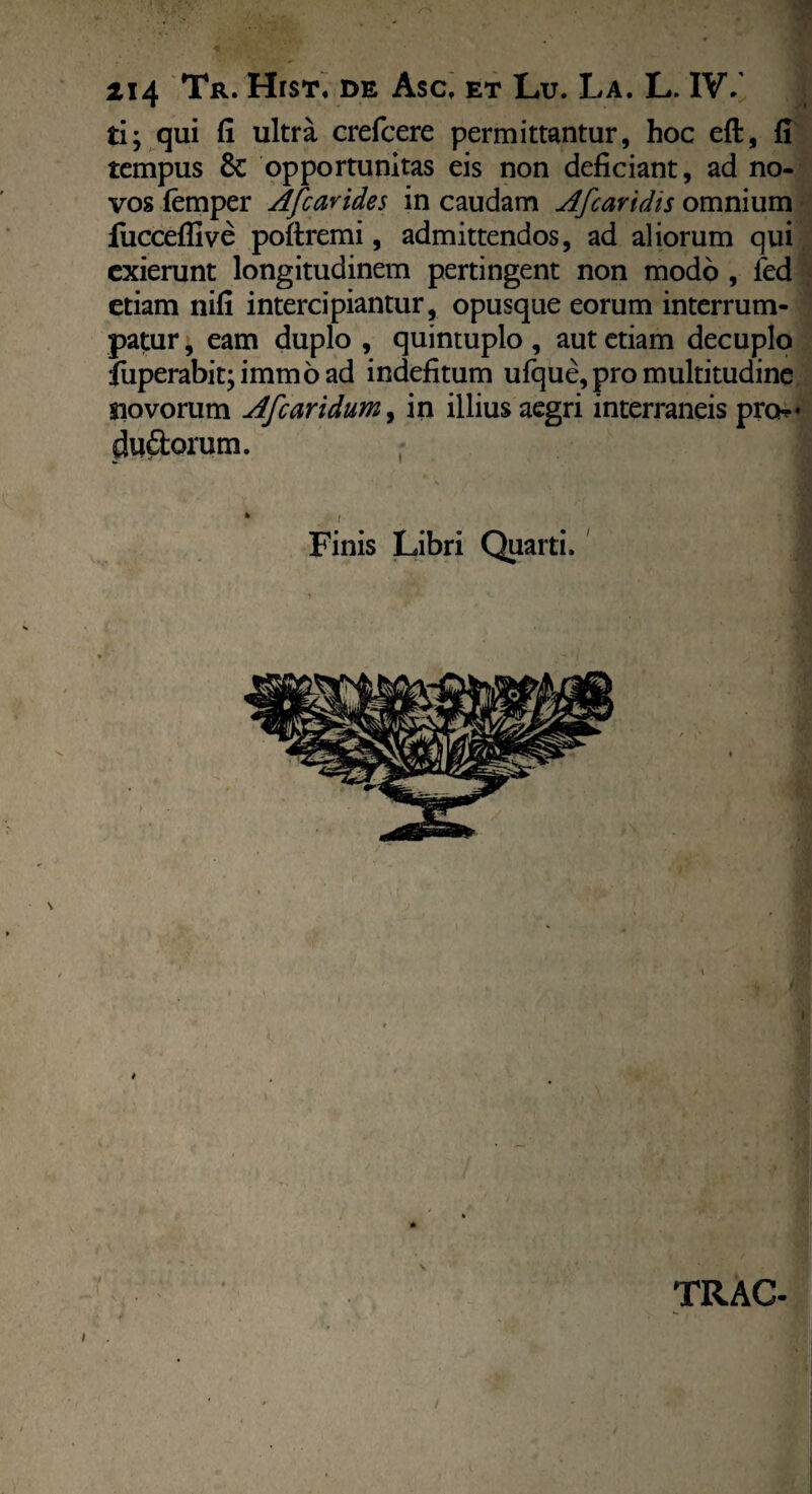 ti; qui fi ultra crefcere permittantur, hoc eft, fi tempus & opportunitas eis non deficiant, ad no- vos femper Afcavides in caudam Afcaridis omnium fuccefllve poftremi, admittendos, ad aliorum qui exierunt longitudinem pertingent non modo , fed etiam nifi intercipiantur, opusque eorum interrum¬ patur , eam duplo , quintuplo , aut etiam decuplo fuperabit; immo ad indefitum ufque, pro multitudine siovorum Afcaridum y in illius aegri interraneis pro-*» duftorum. TRAC-