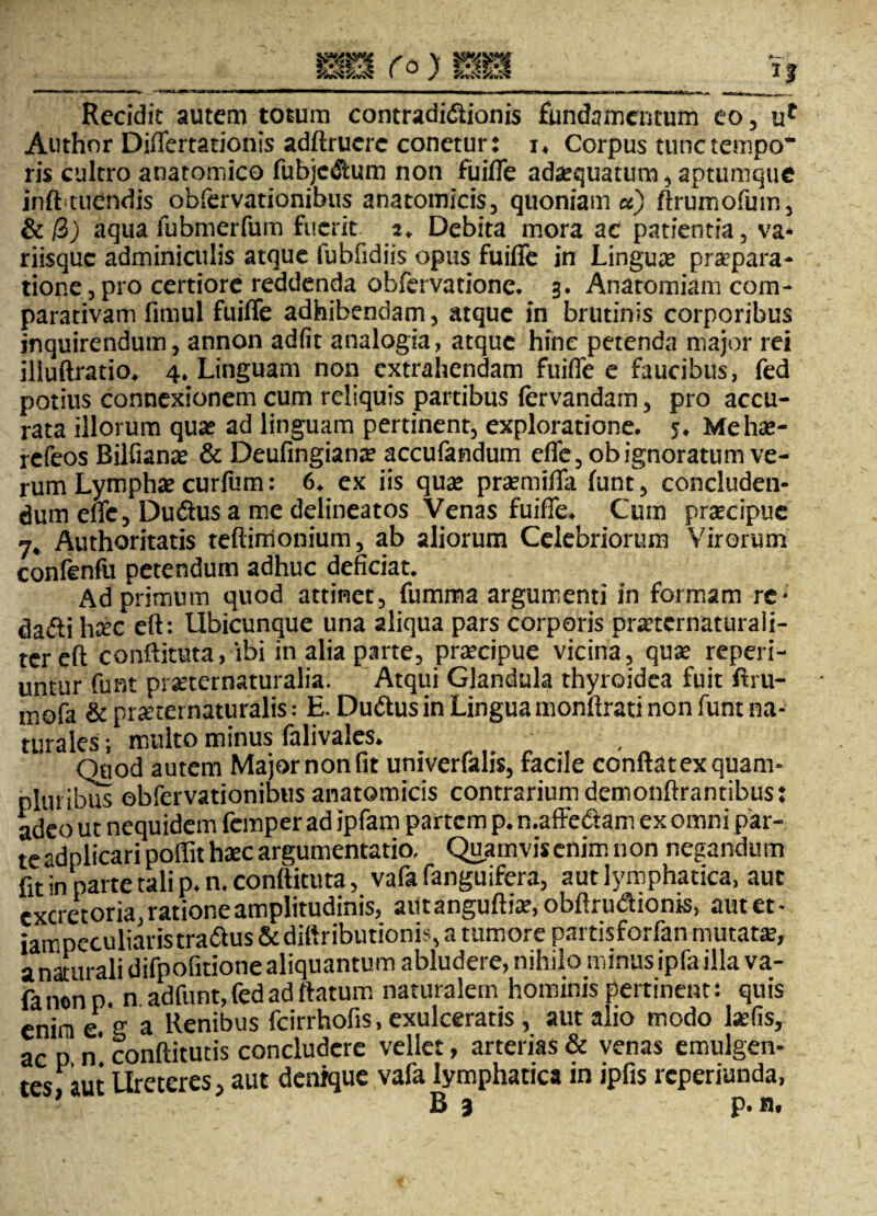 Recidit autem totum contradi&ionis fundamentum eo , uf Author Differtationis adftruorc conetur: i* Corpus tunc tempo* ris cultro anatomico fubje<S:um non fuiffe adaequatum, aptumque inff tuendis obfervationibus anatomicis, quoniam ce) ftrurnofum, & (Z) aqua fubmerfum fuerit t¥ Debita mora ac patientia, va¬ riisque adminiculis atque fubfidiis opus fuiffe in Linguae praepara¬ tione, pro certiore reddenda obfervation e. 3. Anaromiam com¬ parativam fimul fuiffe adhibendam, atque in brtitinis corporibus inquirendum, annon adfit analogia, atque hinc petenda major rei iliuftratio. 4. Linguam non extrahendam fuiffe e faucibus, fed potius connexionem cum reliquis partibus fervandam, pro accu¬ rata illorum quae ad linguam pertinent, exploratione. 5. Mehae- refeos Bilfiana? & Deufingiana? accufandum effe, ob ignoratum ve¬ rum Lymphae curfum: 6. ex iis qua* praemiify funt, concluden¬ dum effe, Duftus a me delineatos Venas fuiffe. Cum praecipue 7* Authoritatis teftimonium, ab aliorum Celebriorum Virorum confenfu petendum adhuc deficiat. Ad primum quod attinet, fumma argumenti in formam re* da&i hsee eft: Ubicunque una aliqua pars corporis praternaturaii- terefl conftituta, ibi in alia parte, praecipue vicina, qux reperi- untur funt prseternaturalia. Atqui Glandula thyroidea fuit ftru- mofa & praeternaturalis: E. Duftus in Lingua monftrati non funt na¬ turales; multo minus falivales* Quod autem Major non fit univerfalis, facile conflat ex quam* pluribus obfervationibus anatomicis contrarium demonftrantibus: adeo ut nequidem femper ad ipfam partem p. n.affedtam ex omni par- t^adplicari poflit haec argumentatio. Quamvis enim non negandum fit in parte tali p.n. conftituta, vafafanguifera, aut lymphatica, aut excretoria, ratione amplitudinis, an t anguftiar,- obftrudionis, aut et - iampeculiaris tra&us & diftributionis* a tumore partisforfan mutat», a naturali difpofitione aliquantum abludere, nihilo minus ipfa illa va- fanonp. n adfunt, fed ad flatum naturalem hominis pertinent: quis enim eg a Renibus fcirrhofis, exulceratis , aut alio modo IxCis, ac p n* conftitutis concludere vellet, arterias & venas emulgen¬ tes aut Ureteres, aut denique vafa lymphatica in ipfis reperiunda,