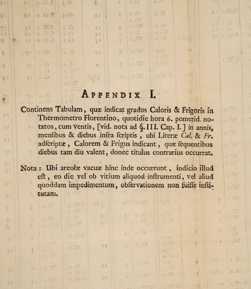 «, fi ' . • l •>-' ‘ I Continens Tabulam, quae indicat gradus Caloris & Frigoris in Thermometro Florentino, quotidie hora 6. pomerid. no¬ tatos, cum Ventis, [vid. nota ad §.111. Cap. I. J in annis, menfibus & diebus infra (criptis , ubi Literae Cal. & Fr. adfcriptae , Calorem & Frigus indicant, quae (equentibus diebus tam diu valent, donec titulus contrarius occurrat. Nota : llhi areolae vacuae hinc inde occurrunt, indicio illud eft, eo die vel ob vitium aliquod inftrumenti, vel aliud quoddam impedimentum, obfervationem non fuifle infti- ttttam. I t 1