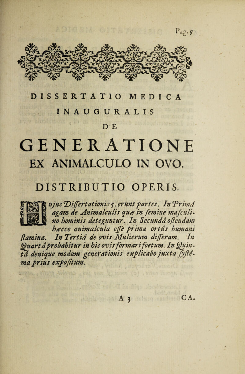 DISSERTATIO MEDICA INAUGURALIS D E GENERATIONE EX ANIMALCCJLO IN OVO. DISTRIBUTIO OPERIS • ujus Differt at ionis 5. erunt partes. In Trimd agam de Animalculis qua in femine maJculi¬ no hominis deteguntur. In Secunda ofiendam hacce animalcula ejfe prima ortus humani llamina. In Tertia de ovis Mulierum differam. In Gpuartdprobabitur in his ovis formari foetum. In Quin¬ ta denique modum generationis explicabo juxta fyfle- ma prius expofitum. C A-