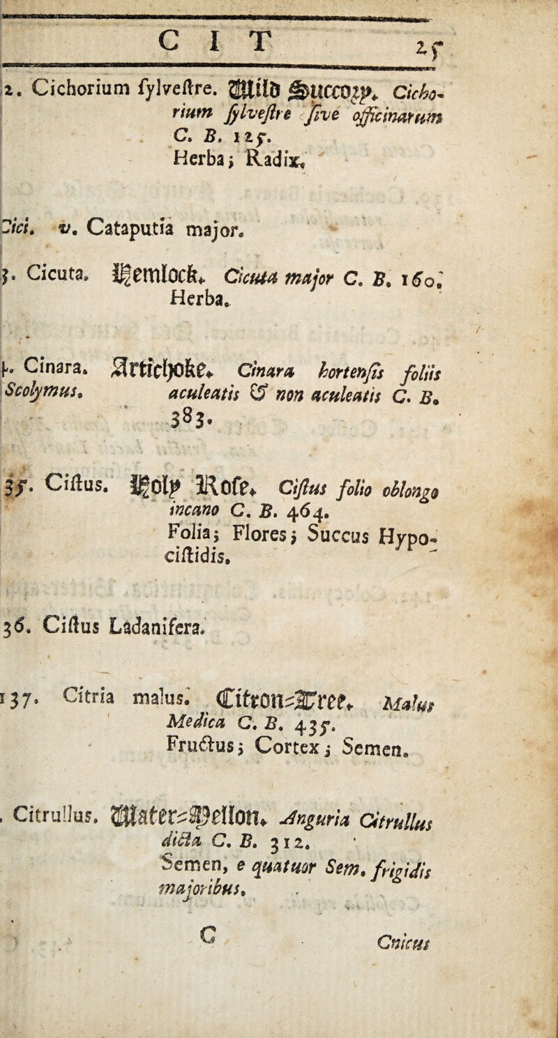 *r ****** z. Cichorium fylyeftre. SgJtiD $UGCQ£p» Cicho- riutn fylveftre jfive officinarum C. B. 11?> Herba i Radix, ?ici. v. Cataputia major, h Cicuta, IgemlOCfe* dem major C. B. iSol Herba, b Cinara, SfttfeljOfee* Cinara horteffis foliis Scolymus. aculeatis E? non aculeatis C. &* ' S83. 1 X * \ \ ^ . vsM* Vi' v j v ^ 3/. Ciftus. 5®0lj* Kofe» CiJltts folio oblongi incano C. 464, Foliaj Floresj Succus Hypo- dilidis. - 36. Cillus Ladanifera» 137. Citria malus. CifrOnsSTtt?,. Afafo, Medica C, B, 43^. Fruitus; Cortex; Semen, 1 , Citrullus. WfcHttVz®$eUm* uingtiria Citrullus ditia C, B» 312, Semen, e qmtuor Sem, frigidis majoribus» C Cnicus