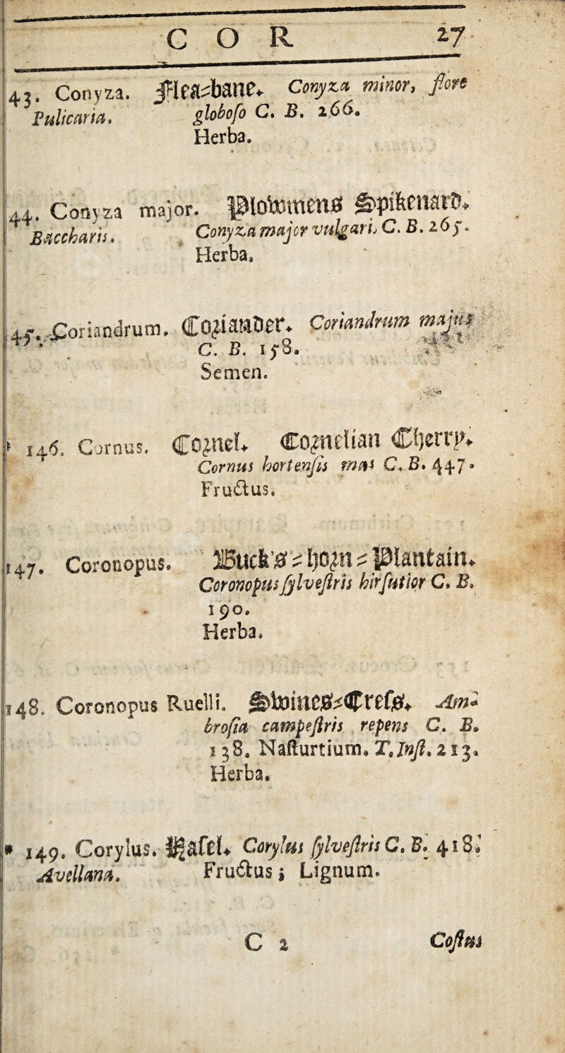 4,5, Conyza. fXtlrfmt* ConyM miner, fore Pulicaria, globofo C. B. 166» Herba, 4, Conyza major. JBlotommi* ffo f Baccharis, Conyza major vnlgaru C. B. 26 j. Herba, ^.Coriandrum. Co^iaMDer. Commlmm myus ™ • c. G. i;8. - Semen. ,4«: Cornus, Cojnd, Cojnclian Cljerrp, Cornus hortenfis ma* C,B, 44*7* Fructus, 4.7. Coronopus. )lBucb'0? I)0«m ? Pantain. Coronopus fjlveflris hirfutlor C. 2?, 190, Herba, 48. Coronopus Ruelli. Am« brofia campejlris repens G. B* 138. Nafturtium. T,lnfi. 213, Herba. » 149. Corylus. Jgafel, Corylus fylveflrisC. B. 418.' Avellam. Fru&us i Lignum. C a Coftm