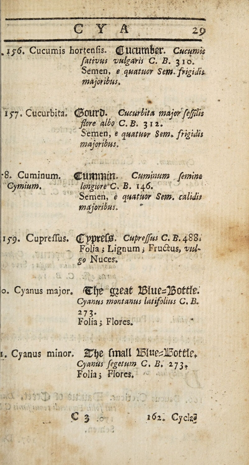 liiiiwwrigi ■ ' L j/6. Cucumis hortenfis. (JJUCUtTlk^r. Cucumis fativns vulgaris C. B. 31 o. Se m en, e quatitor Sem> frigi Jit majoribus. ' • * * # • <%. * 1/7. Cucurbita^ <2B>0iltD. Cucurbita major fejfilh flore albo C. B, 312. Semen, e quatitor Sem* frigidis majoribus, * . ^ 1 * ■ i-’ ■ . •B. Cuminum. ©Itlflttftn. Cuminum femim Cymium. longiore’C, B. 146. Semen, e quatuor Sem, calidis majoribus. [1/9. Cupreffiis. ©pj)£0f$. Cuprejfus C.B. .488* Folia i Lignum j Frudus, £0 Nuces. >, • K f j . ’•* ♦ r. . ' W ' ; o. Cyanus major. TBlUteJ&Qttlt. Cyanus montanus latifolius C. B* Folia 1 Flores. i. Cyanus minor. STbe fmall 3I5Ittfcz3I5of£fef Cyanus fege tum C. B. 273» Folia s Flores. C 3 .c 262* Cyclaf