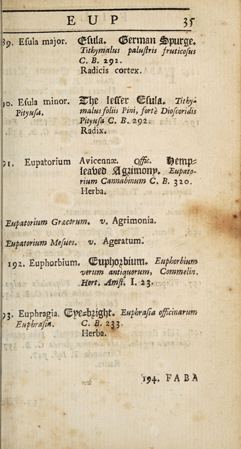 Lr jp. Efuk major, ©fula. ©ertnan g>purge. Tithymalus paluftrts fruticofus C. B. 292. Radicis cortex. jo. Efula minor. fityufa. W\)t I effer ©fula* ritky- malus foliis Pini, forte Diofcoridis Vityufa C. B. zyz, Radix. )U Eupatorium Avicennse. offic. fyettlfte leabeD #g£tmon^ Eupato¬ rium Cannabinum C* B. 320. Herba. Eupatorium Gr&corum. v. Agrimonia. Eupatorium Mefues. v. Ageratum. | _ ,pi. Euphorbium. ©UpfjOjbiUttl. Euphorbium ‘verum antiquorum % Commelitu Hort. Amfi, I. 23. jj. Eupbragia, Eupkrafia officinarum Eupbrajia, C* B. 233. Herba. :i . . : . - ' “ '