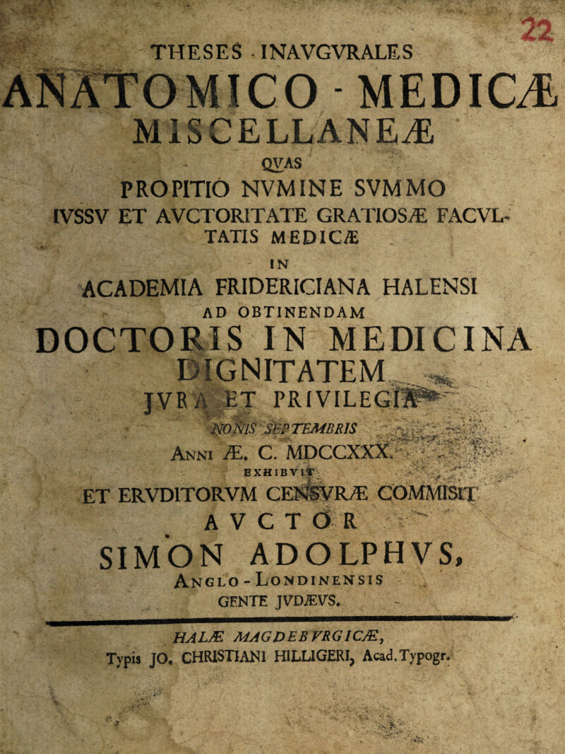 ! THESES INAVGVRALES ANATOMICO MEDICA MISCELLANEA ' QVAS PROPITIO NVMINE SVMMO IVSSV ET AVCTOR1TATE GRATIOSAE FACVL- TATIS MEDICA ''?|f * - in ACADEMIA FRIDERICIANA HALENSI AD OBTINENDAM DOCTORIS IN MEDICINA r PJI P NO%S SEPTEMBRIS Anni JE. C. MDCCXXX; EXHIBVIT ET ERVD1TORVM AVCTOR ; .. COMMISIT SIMON ADOLPHVS, Anglo - Londinensis GENTE JVDJEVS. HALM MAGDEBVRGICM, Typis JO. CHRISTIANI HILLIGERI, Acad.Typogr.