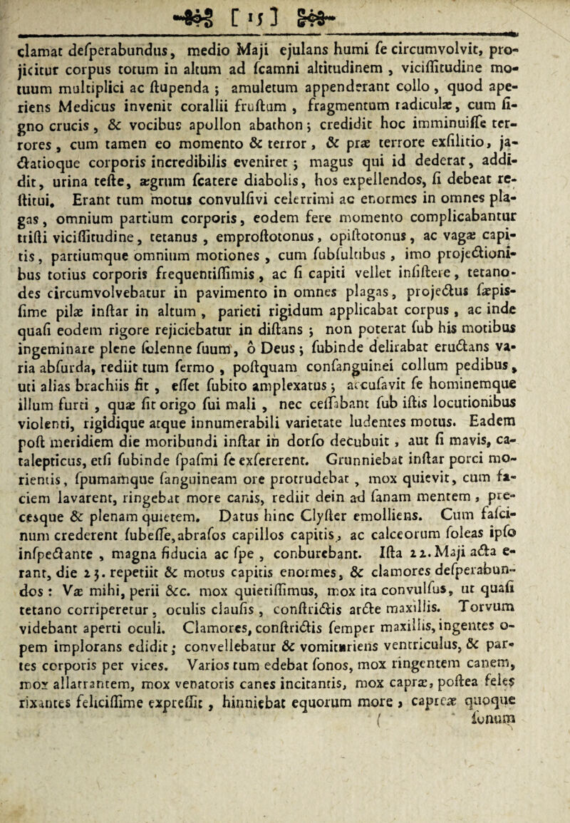 -8o| C clamat defperabundus, medio Maji ejulans humi fe circumvolvit, pro¬ jicitur corpus totum in altum ad fcamni altitudinem , viciflitudine mo¬ tuum multiplici ac ftupenda ; amuletum appenderant collo , quod ape¬ riens Medicus invenit corallii fruftum , fragmentum radicula:, cum li¬ gno crucis, & vocibus apollon abathon \ credidit hoc imminuiffe ter¬ rores, cum tamen eo momento & terror, & pras terrore exfilitio, ja- &atioque corporis incredibilis eveniret; magus qui id dederat, addi¬ dit, urina tefte, segrum fcatere diabolis, hos expellendos, fi debeat re- ftitui. Erant tum motui convulfivi celerrimi ac enormes in omnes pla¬ gas , omnium partium corporis, eodem fere momento complicabantur trifti viciflitudine, tetanus , emproftotonus, opiftotonus, ac vaga: capi¬ tis , partiumque omnium motiones , cum fubfuitibus , imo projectioni¬ bus totius corporis frequentiflimis , ac fi capiti vellet infiftere, tetano- des circumvolvebatur in pavimento in omnes plagas, projeCtui faepis- fime pilae inftar in altum , parieti rigidum applicabat corpus, ac inde quafi eodem rigore rejiciebatur in diftans $ non poterat fub his motibus ingeminare plene (blenne fuum, 6 Deus ; fubinde delirabat eruCtans va¬ ria abfurda, rediit tum fermo , poftquam confanguinei collum pedibus , uti alias brachiis fit , efiet fubito amplexatus \ accufavit fe hominemque illum furti , quae fit origo fui mali , nec ceftabant fub iftis locutionibus violenti, rigidique atque innumerabili varietate ludentes motus. Eadem poft meridiem die moribundi inftar ih dorfo decubuit, aut fi mavis, ca- talepticus, etfi fubinde fpafmi fe exfererent. Grunniebat inftar porci mo- riemis, fpumamque fanguineam ore protrudebat , mox quievit, cum fa¬ ciem lavarent, lingebat more canis, rediit dein ad fanam mentem , pre¬ cesque &: plenam quietem. Datus hinc Clyfter emolliens. Cum fafci- num crederent fube(Te,abrafos capillos capitis , ac calceorum foleas ipfo infpeClante , magna fiducia ac fpe , conburebant. Ifta 22. Maji a<fta e- rant, die 25. repetiit & motus capitis enormes, & clamores defperabun- dos : Vae mihi, perii Scc. mox quietiflimus, mox ita convulfus, ut quafi tetano corriperetur . oculis claufis , conftri&is artfte maxillis. Torvum videbant aperti oculi. Clamores, conftridis femper maxillis, ingentes o- pem implorans edidit; convellebatur tte vomituriens ventriculus, & par¬ tes corporis per vices. Varios tum edebat fonos, mox lingentem canem, mox allatrantem, mox venatoris canes incitantis, mox capra;, poftea feles rixantes feliciflime expreflic, hinniebat equorum more > capreae quoque ( * ibnurn