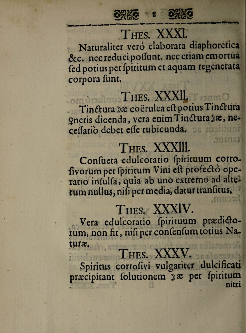 Naturaliter vero elaborata diaphoretica &c. nec reduci polTunt, nec etiam emortua fed potius per fpiritum et aquam regenerata corpora funt, Thes. XXX1J, Tindturajae coerulea eft potius Tin&ura $neris dicenda, vera enimTindtura^as, ne- celTarib debet effc rubicunda. Thes. Confueta edulcoratio fpirituum corro. fivorum per fpiritum Vini eft profe<5to ope¬ ratio infulfa» quia ab uno extremo ad alte¬ rum nullus, nifi per media, datur tranfitus, Thes. XXXIV. Vera edulcoratio fpirituum praedidlo- rum, non fit, nifi per confenfum totius Na¬ turae, Thes. XXXV. Spiritus corrofivi vulgariter dulcificati praecipitant folutionem 5 ac per fpiritum nitri