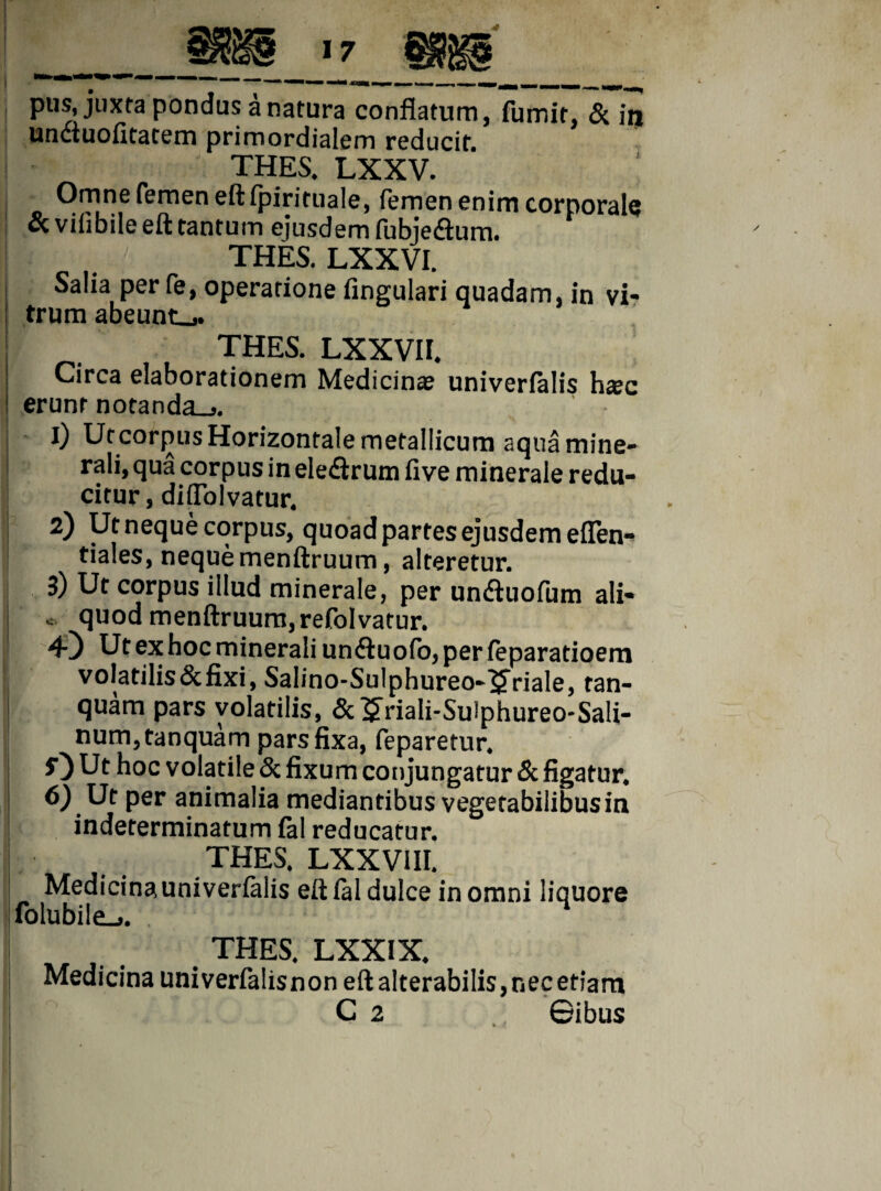 pus, juxta pondus a natura conflatum, fumit, & iij undiuofltatem primordialem reducit. THES. LXXV. Omne femen eft fpirituale, femen enim corporale & vilibile eft tantum ejusdem fubjedtum. THES. LXXVI. Salia per fe, operatione Angulari quadam, in vi¬ trum abeunt»,. THES. LXXVIF. Circa elaborationem Medicina? univerlalis ha?c erunt notanda»,. 1) Utcorpus Horizontale metallicum aqua mine¬ rali, qua corpus in eledtrum five minerale redu¬ citur , diflolvatur. 2) Ut neque corpus, quoad partes ejusdem eflen- tiales, nequemenftruum, alteretur. 3) Ut corpus illud minerale, per undluofum ali- < quod menftruum, refolvatur. 4) Ut ex hoc minerali undiuofo, per Feparatioem volatilis defixi, Salino-Sulphureo-i£riale, tan- quam pars volatilis, &]£riaIi-Sulphureo-Sali¬ num, tanquam pars fixa, feparetur. O Ut hoc volatile & fixum conjungatur <5c figatur. 6) Ut per animalia mediantibus vegetabilibusin indeterminatum fal reducatur. THES. LXXVI II. Medicina univerfalis eft fal dulce in omni liquore folubile^. M THES. LXXIX. Medicina univerfalisnoneftalterabiIis,r,ecetiam