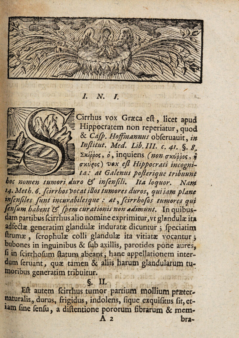 Cirrhus vox Graea eft, licet apud Hippocratem non reperiatur, quod & Cafp. Hoffmannus obferuauit, in Infiitut. Med. Lib. III. c. 41. §. g suppos, S9 inquiens (non pxvppos, I (raucos) vox eft Hippocrati incogni¬ ta: at Galenus pofterique tribuunt hoc nomen tumori duro (f infen fili. Ita loquor. Nam 14* Metb, 6, fcirrhos Vocat illos tumores duros, quiiam piam infenfiles funt incurabiles que : at, fcirrbofos tumores qui fenfum babent tf fpem curationis non adimunt. In quibus¬ dam partibus (cirrhus alio nomine exprimitur, vt glandulae ita adfedae generatio) glandulae induratae dicuntur 5 (pedatim ftrumae, fcrophulae colli glandulae ita vitiatae vocantur 5 bubones in inguinibus & fqb axillis, parotides pone aures* fi in fcirrhofum flatum abeant} hanc appellationem inter¬ dum (eruant, quae tamen & aifi$. harum glandularum fifr mpribus getieratim tribuitur. §, II. Eft autem (cirrhus tumor partiutti tftollium praeter* naturalis, durus, frigidus, indolens, fique exquifitus fit,et- latn fine fenfu, a diftentione pororum fibrarum & mem-