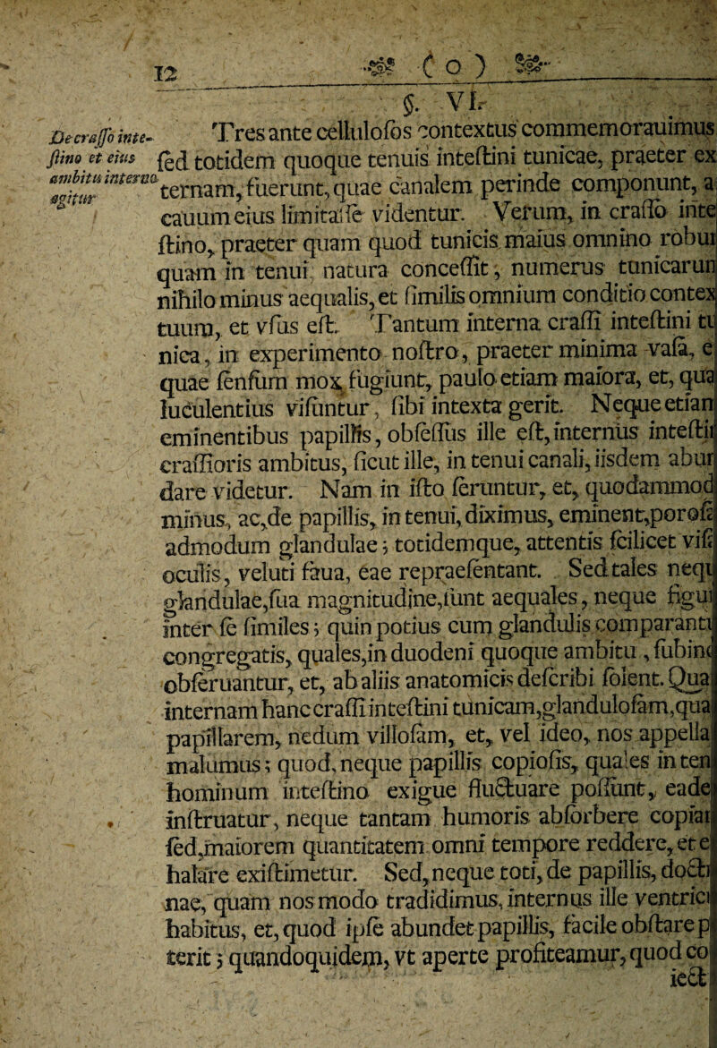 \ _ j2 'nI? C O ~) _I, ^ . . 5. vl7 ~ ' Decraffo imi- Tres ante celtulofos contextus coramemorauimus ftino et em totidem quoque tenuis inteftini tunicae, praeter ex ZZr inmmternam, fuerunt, quae canalem perinde componunt, a cauumeius limitaiie videntur. Verum, in cratio inte ftino, praeter quam quod tunicis maius omnino robui quam in tenui natura conceffit, numerus tunicarun nihilo minus aequalis, et (imilis omnium conditio contex tuum, et vffis eft Tantum interna craffi inteftini ti niea , in experimento noftro, praeter minima vaia, e quae lenium mox, fugiunt, paulo etiam maiora, et, qua lutulentius viluntur, fibi intexta gerit. Neque etian eminentibus papillis, obleffus ille eft, internus inteftii craffioris ambitus, ficut ille, in tenui canali, iisdem aburi dare videtur. Nam in ifto feruntur, et, quodammod minus, ac,de papillis, in tenui, diximus, eminent,poreffi admodum glandulae; totidemque, attentis fcilicet vif: oculis, veluti faua, eae repraefentant. Sedtales neqti glandulae,fua magnitudine,lunt aequales, neque %ut inter le limiles 5 quin potius cum glandulis comparanti congregatis, quales,in duodeni quoque ambitu , fiibinij obferuantur, et, ab aliis anatomicis defcribi foient.Qua; internam hanc craffi inteftini tunicam ,glandulofu m ,qua papillarem, nedum viilolam, et, vel ideo, nos: appella malumus; quod, neque papillis copiolis, quales in ten hominum inteftino exigue fluctuare poffiint, eade . ' inftruatur, neque tantam humoris ablbrbere copiai; fed,maiorem quantitatem omni tempore reddere, et ei halare exiftimetur. Sed,neque toti, de papillis,doch nae, quam nos modo tradidimus, internus ille ventrici habitus, et, quod ipfe abundet papillis, facile obftarepj terit j quandoquidem, vt aperte profiteamur, quod co . ■ Stat