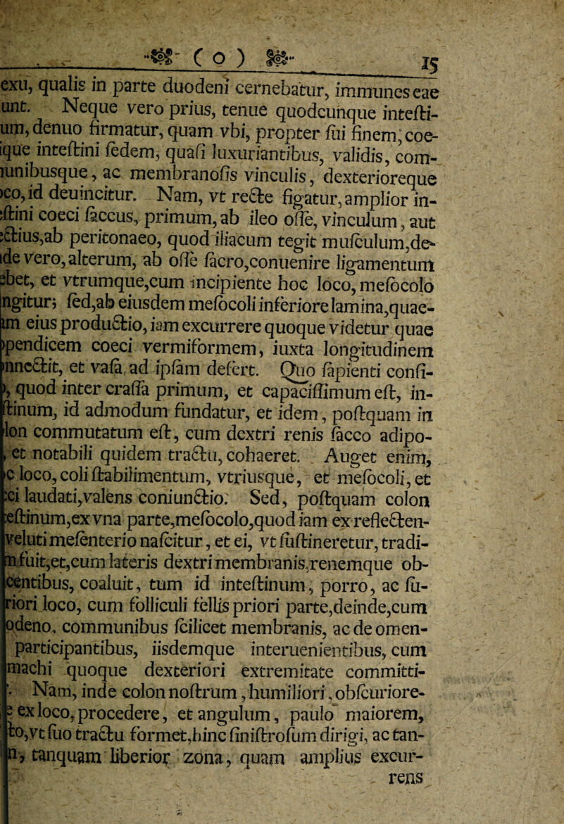 exu, qualis in parte duodeni cernebatur, immunes eae unt. Neque vero prius, tenue quodcunque intefti- um, denuo firmatur, quam vbi, propter fiii finem, coe- ique inteftini fedem, quafi luxuriantibus, validis, com- mnibusque, ac membranofis vinculis, dexterioreque ico, id deuincitur. Nam, vt recte figatur, amplior in- :ftini coeci faccus, primum, ab ileo ode, vinculum, aut :£lius,ab peritonaeo, quod iliacum tegit mufculum.de- ide vero, alterum, ab ode facro,conuenire ligamentum sbet, et vtrumque,cum incipiente hoc loco, mefbcolo ngitur; fed,abeiusdemmefocoliinferiorelamina,quae- im eius produbtio, iam excurrere quoque videtur quae >pendicem coeci vermiformem, iuxta longitudinem «nectit, et vafa ad ipfam defert. Quo lapienti cond- ), quod inter crada primum, et capacidimum eft, in- flinum, id admodum fundatur, et idem, poflquam ini lon commutatum eft, cum dextri renis facco adipo- , et notabili quidem tra£tu, cohaeret. Auget enim, c loco, colifiabilimentum, vtriusque, et mefocoli,et :ci laudati,valens coniunctio. Sed, poflquam colon :eftinum,ex vna parte,mefbcolo,quod iam ex redccten- velutimefenterio nafeitur, et ei, vtfuflineretur, tradi- nfuit,et,cum lateris dextri membranis.renemque ob- centibus, coaluit, tum id inteflinum, porro, ac fu- riori loco, cum folliculi fcllis priori parte,deinde,cum odeno, communibus fcilicet membranis, ac de omen- participantibus, iisdemque interuenientibus, cum machi quoque dexteriori extremitate committi- Nam, inde colon noftrum, humiliori. obfcuriore- * ex loco, procedere, et angulum, paulo maiorem, lo,vt fuo tractu formet.bine dniflrofum dirigi, ac tan- n, tanquam liberior zona , quam amplius excur- l rens