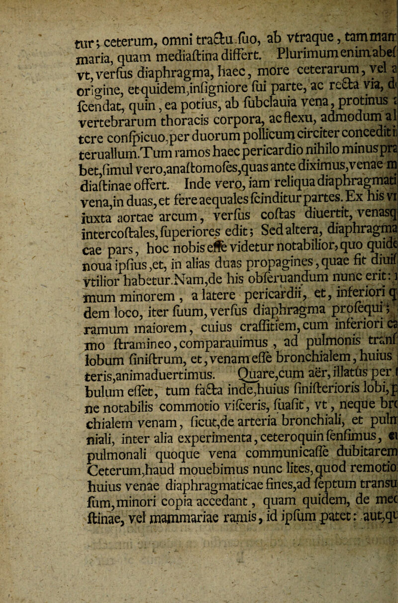 tur> ceterum, omni tracfcu fuo, ab vtraque, tam mare maria> quam mediaftina differt. Plurimum enimabef vt,verfus diaphragma, baec, more ceterarum, vel a origine, et quidem,iniigniore lui parte, ac recta via, d< fcendat, quin, ea potius, ab fubclauia vena, protinus « vertebrarum thoracis corpora, ac flexu, admodum ai' tere confpicuo.per duorum pollicum circiter concedit 11 teruallum.Tum ramos haec pericardio nihilo minus pra betjffmul vero,anaftomofes,quas ante diximus,venae m. diaftinae offert. Inde vero, iam reliqua diaphragmati vena,in duas, et fere aequales fcinditur partes. Ex his vi iuxta aortae arcum, verfus coftas diuertit, venasq intercoftales, fuperiores edit; Sed altera, diaphragma cae pars, hoc nobis effe videtur notabilior, quo quide nouaipfius,et, in alias duas propagines,quae fit diuif Vtilior habetur.Nam,de his obferuandum nunc erit, i muni minorem , a latere pericardii, et, interiori q dem loco, iter fitum, verfus diaphragma profequi, ramum maiorem, cuius craflitiem,cum inferiorica jno ftramineOjComparauimus , ad pulmonis tranf lobum finiftrum, et, venam effe bronchialem, huius teris,animaduertimus. Quare,cum aer, illatus per l bulum eflet, tum facta inde,huius finifterioris lobi, p ne notabilis commotio vifceris, fuafit, vt, neque bre chialem venam, ficut,de arteria bronchiali, et pulre niali, inter alia experimenta,ceteroquinfenfimus, ®t pulmonali quoque vena communicafle dubitarem Ceterum,haud mouebimus nunc lites, quod remotio: huius venae diaphragmaticae fines,ad feptum transu fum, minori copia accedant, quam quidem, de mec ftinae, vel mammariae ramis, id ipfum patet: aut,qr