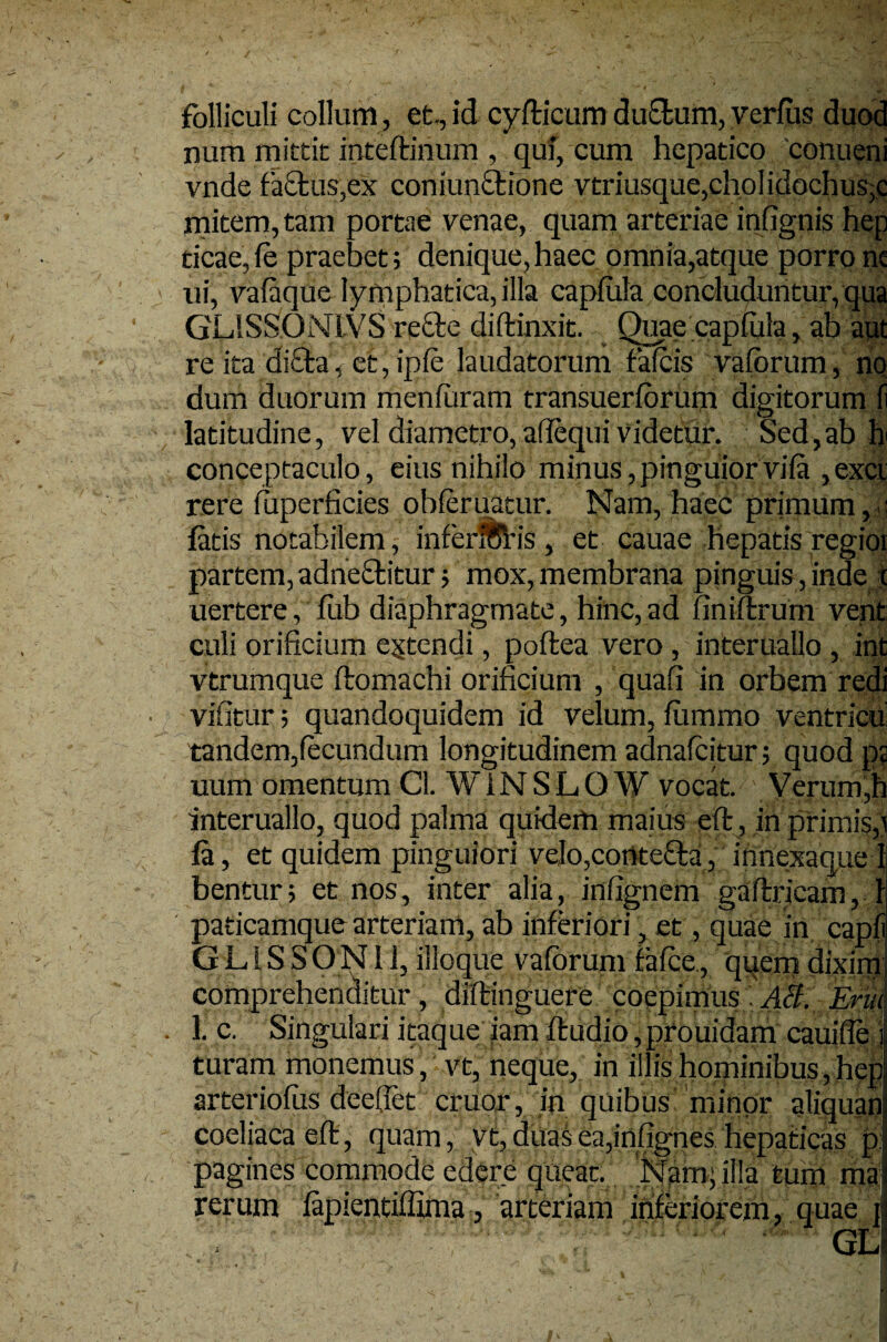 folliculi collum, et., id cylticum duStum, verius duod num mittit inteftinum , qui, cum hepatico conueni vnde factus,ex con junctione vtriusque,choIidochus,c mitem, tam portae venae, quam arteriae inlignis hep ticae,le praebet; denique,haec omnia,atque porro ne ui, valaque lymphatica, illa caplula concluduntur, qua GL1SSONLVS recte diftinxit. Quae caplula, ab aut re ita dicta, et, ipfe laudatorum falcis valorum, no dum duorum menluram transuerlorum digitorum li latitudine, vel diametro, adequi videtur. Sed,ab b conceptaculo, eius nihilo minus, pinguior vila , excr rere luperficies obleruatur. Nam, haec primum,.! fatis notabilem, inferrotls , et cauae hepatis regior partem, adnectitur; mox, membrana pinguis , inde f uertere, lub diaphragmate, hinc,ad finillrum vent culi orificium extendi, pollea vero, interuallo , int vtrumque ftomachi orificium , quali in orbem redi vifitur; quandoquidem id veium, lumrno ventricu tandem,fecundum longitudinem adnafcitur; quod pa uum omentum Cl. WIN S L O W vocat. Verum,h interuallo, quod palma quidem maius efl , in primis,; fa, et quidem pinguiori velo,contecta, innexaque l| bentur; et nos, inter alia, infignem galtricam, 1 paticamque arteriam, ab inferiori, et, quae in capli G L1S S O NI i, illoque valorum falce., quern dixim comprehenditur, diiftinguere .coepimusAS. Erui 1. c. Singulari itaque iam ftudio, prouidam cauille j turam monemus, vt, neque, in illis hominibus , hep arteriofus deefiet eruor, in quibus minor aliquan coeliaca elt, quam , vt, duas ea,infignes hepaticas p: pagines commode edere queat. Nam; illa tum mai rerum lapientiffima, arteriam inferiorem, quae j