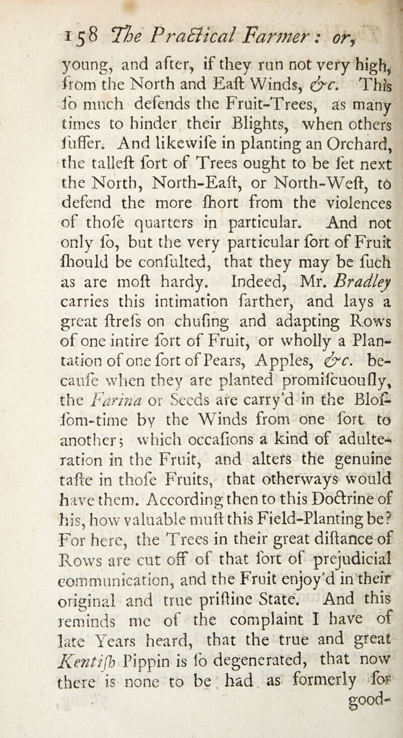 young, and after, if they run not very high, from the North and Eaft Winds, &c. This fo much defends the Fruit-Trees, as many times to hinder, their Blights, when others fuffer. And likewife in planting an Orchard, the talleft fort of Trees ought to be let next the North, North-Eaft, or North-Weft, to defend the more ihort from the violences of thole quarters in particular. And not only lb, but the very particular fort of Fruit fhould be confulted, that they may be fuch as are moft hardy. Indeed, Mr. Bradley carries this intimation farther, and lays a great ftrefs on chufing and adapting Rows of one intire fort of Fruit, or wholly a Plan¬ tation of one fort of Pears, Apples, &c. be- caufe when they are planted promilcuoufly, the Farina or Seeds are carry’d in the Blot- lorn-time by the Winds from one fort to another; which occalions a kind of adulte¬ ration in the Fruit, and alters the genuine tafte in thofe Fruits, that otherways would have them. According then to this Do&rine of his, how valuable mutt this Field-Planting be? For here, the Trees in their great diftance of Rows are cut off of that fort of prejudicial communication, and the Fruit enjoy’d in their original and true prittine State. And this reminds me of the complaint I have of late Years heard, that the true and great Kentifh Pippin is lo degenerated, that now there is none to be; had as formerly for