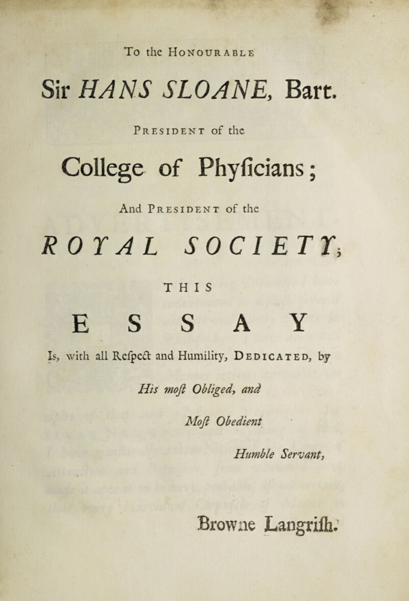 To the Honourable Sir HANS SLOANE, Bart. President of the College of Phyficians; And President of the ROYAL SOCIETY, THIS ESSAY Is, with all Refpect and Humility, Dedicated, by His moft Obliged, and Moft Obedient Humble Servant, Browae Langrilh.