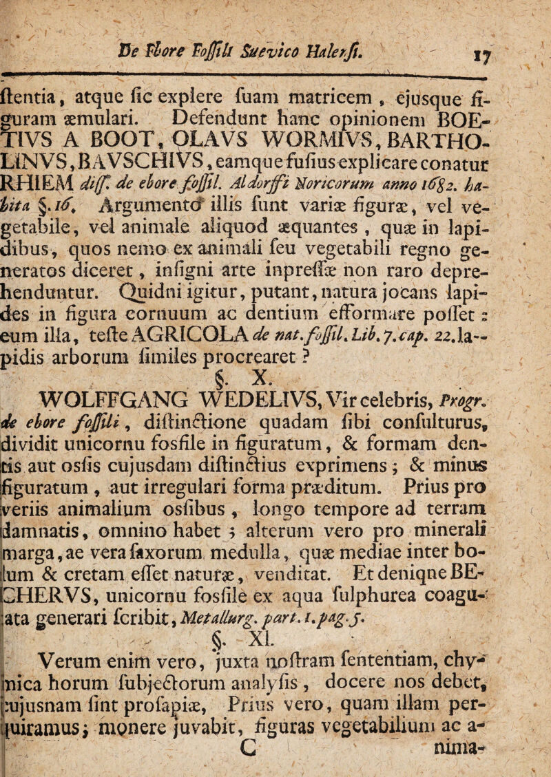 13e Vior e VoJJih Sue vico Halerft. m* flentia, atque fic expiere fuam matricem , ejusque fi¬ guram «mulari. Defendunt hanc opinionem BOE¬ TI VS A BOOT, OLAVS WORMIVS, BARTHO- LfNVS, B AVSCHIVS, eamque fufius explicare conatur RHIEM diff. de ebore fojjil. Alderffi 'Soricorum anno ha¬ lita Argumento illis funt variae figuras, vel ve¬ getabile , vel animale aliquod aequantes , quae in lapi¬ dibus, quos nemo ex animali feu vegetabili regno ge¬ neratos diceret, infigni arte inpreffe non raro depre¬ henduntur. Quidni igitur, putant, natura jocans lapi¬ des in figura cornuum ac dentium efformare pollet; eum illa, tefte AGRICOLA de mt.fiJfU. Lib. 7. cap. 22,la¬ pidis arborum fimiles procrearet ? WOLFFGANG WEDELIVS, Vir celebris, Progr. de ebore fojjili, diiiinctione quadam fibi confulturus, dividit unicornu fosfile in figuratum, & formam den¬ tis autosfis cujusdam diftinftius exprimens; & minus figuratum , aut irregulari forma praeditum. Prius pro veriis animalium osfibus , longo tempore ad terram damnatis, omnino habet ; alterum vero pro minerali marga, ae veralaxorum medulla, quae mediae inter bo¬ lum & cretam efiet naturae, venditat. EtdeniqneBE- EHERVS, unicornu fosfile ex aqua fulphurea coagu- ;ata generari fcribit, Metdlnrg. part. i.pag.j, ' §■ XI. Verum enim vero, juxtano liram fententiam, chy- Snica horum fubjcftorum analyfis , docere nos debet, mjusham fint profapiae, Prius vero, quam illam per¬ quiramus ; monere juvabit, figuras vegetabilium ac a- G 1 ' nima-