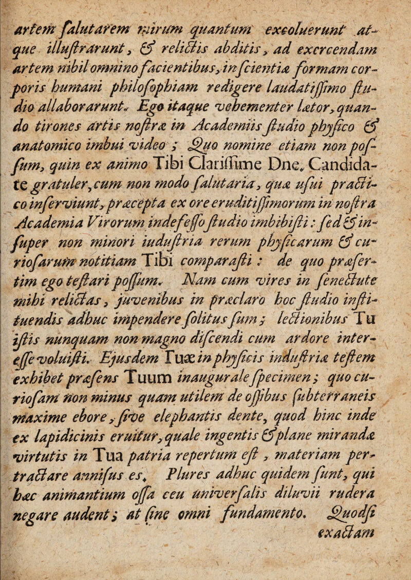 artent falutarem tnirum quantum' excoluerunt .at* que illufrarunt, & reliti is abditis, ad exercendam artem nibilomninofacient ibus,infcientia formam cor¬ poris bumani philofophiam redigere laudatijfmo fu- dio allaborarunt* Ego itaque 'vehementer lator, quan¬ do tirones artis nofra in Academiis fudio pbyfco 0* anatomico imbui •video i fipuo nomine etiam non pof fum, quin ex animo Tibi Clarii fime Dne. Candida¬ te gratuler, cum non modo falutaria, qua ufui practi- co inferciunt, pracepta ex ore eruditiff morum in nofra Academia Virorum indefeffofudio imbibfi .• fed ifiin- fuper non minori iudufria rerum phy f carum cu¬ rio f arum notitiam Tibi comparafi ; de quo profer- tim ego teftari pof urn. Nam cum cires in feneBute mihi reliBas, juvenibus in praelavo hoc fudio infi- tuendis adhuc impendere f olitus fum } leBiombus T u if is nunquam non magno difeendi cum ardore inter- ejfe coluifi. Ejusdem Tuxinpbjfeis indufria tefem exhibet prafens Tuum inaugura/,e fpecimen; quo cu- riofant non minus quam utilem de ojjibus 'ubtefraneis maxime ebore ,fve elephantis dente, quod hinc inde ex lapidicinis eruitur', quale ingentis & plane miranda cirtutis in Tua patria repertum ef , materiam per* ; traBare annifus es, Plures adhuc quidem funt, qui bac animantium offa ceu unicerfalis diluvii rudera negare audent i at fine omni fundamento, fifiuodf exaBam