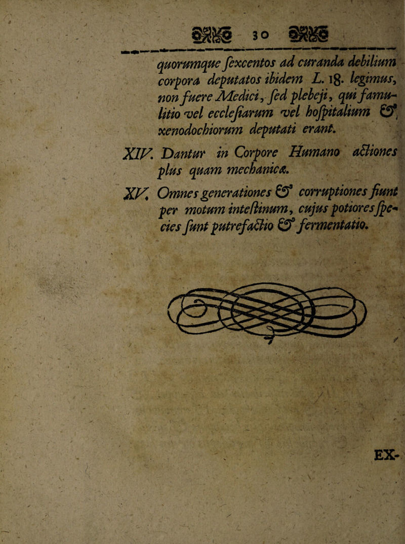 quorumque fexcentos ad curanda dehiliutn corpora deputatos ibidem L. ig. legimus> non fuere Medici y fed plebeji, qmfamu- litio 'vel ecclejiarum •vel hofpitalium xenodochiorum deputati erant. XIV. Dantur in Corpore Humano a&iones plus quam mechanica. XV, Omnes generations & corruptions firnt per motum inteflinum, cujus potioresJpe* cies funt putrefa&to & fermentatio. ;/ EX*