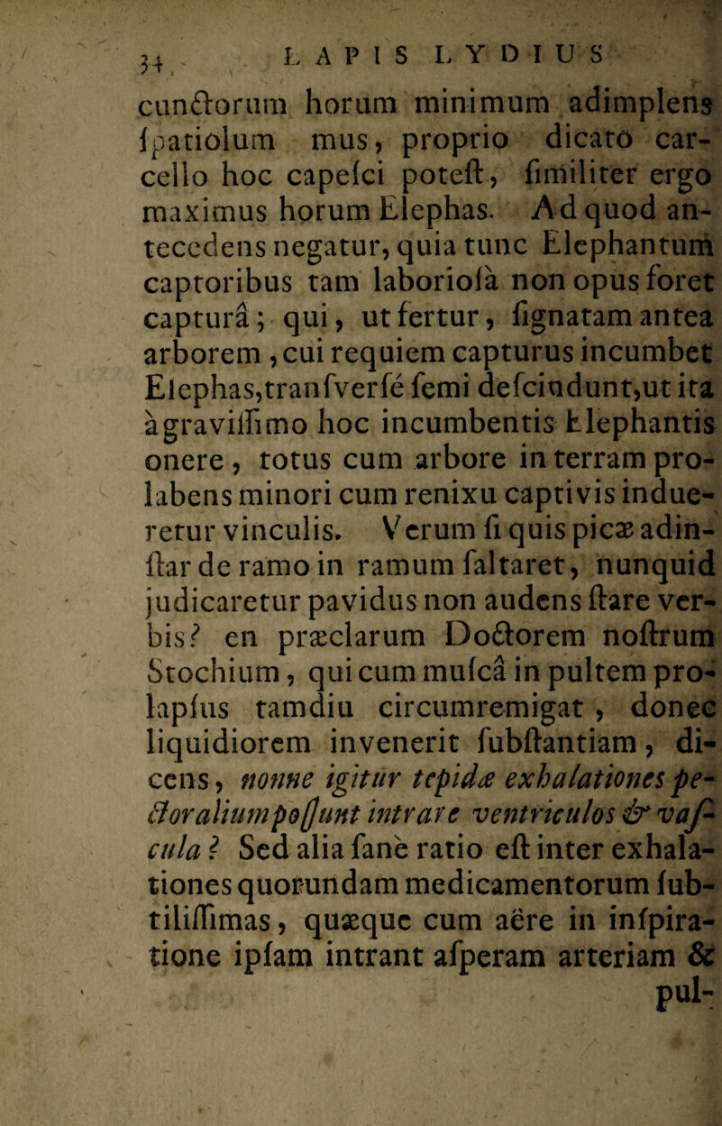 H,- candorum horum minimum adimplens Ipatiolum mus, proprio dicaro car- cello hoc capelci poteft, fimiliter ergo maximus horum Elephas. Ad quod an¬ tecedens negatur, quia tunc Elephantum captoribus tam laboriola non opus foret captura; qui, ut fertur, fignatam antea arborem , cui requiem capturus incumbet Elephas, tranfverfe femi defciodunt,ut ita agravilhmo hoc incumbentis Elephantis onere , totus cum arbore in terram pro- labens minori cum renixu captivis indue¬ retur vinculis. Verum fi quis picae adin- flarderamoin ramum faltaret, nunquid judicaretur pavidus non audens ftare ver¬ bis ? en praeclarum Do&orem noftrum Stochium, qui cum mulca in pultem pro- laplus tamdiu circumremigat , donec liquidiorem invenerit fubftantiam, di¬ cens , nonne igitur tepides exhalationes pe¬ ti or alium pofjunt intrare ventriculos & vaf- culal Sed alia fane ratio eft inter exhala¬ tiones quorumdam medicamentorum fub- tilidimas, quaeque cum aere in infpira- tione ipfam intrant afperam arteriam & pul-