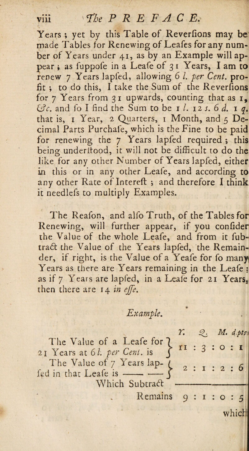 Years *, yet by this Table of Reverfions may be made Tables for Renewing of Leafes for any num¬ ber of Years under 41, as by an Example will ap¬ pear i as fuppofe in a Leafe of 3 1 Years, I am to renew 7 Years lapfed, allowing 6 /. per Cent, pro¬ fit *, to do this, I take the Sum of the Reverfions for 7 Years from 31 upwards, counting that as 1, &c. and fo I find the Sum to be 1 /. 12 5. 6 d. 1 q. that is, x Year, 2 Quarters, 1 Month, and 5 De¬ cimal Parts Purchafe, which is the Fine to be paid for renewing the 7 Years lapfed required ; this being underitood, it will not be difficult to do the like for any other Number of Years lapfed, either in this or in any other Leafe, and according to any other Rate of Intereft ; and therefore I think it needlefs to multiply Examples. The Reafon, and alfo Truth, of theTablesfor Renewing, will further appear, if you confider the Value of the whole Leafe, and from it fub- tradt the Value of the Years lapfed, the Remain¬ der, if right, is the Value of a Yeafe for fo many Years as there are Years remaining in the Leafe : as if 7 YYars are lapfed, in a Leafe for 21 Years, then there are 14 in ejje. Example. The Value of a Leafe for T. M. d.ptr 21 Y^ears at 61. per Cent, is The Value of 7 YYars lap 2 : 1 : 2 : 6 Which Subtract Remains 9 : x : o : 5 which