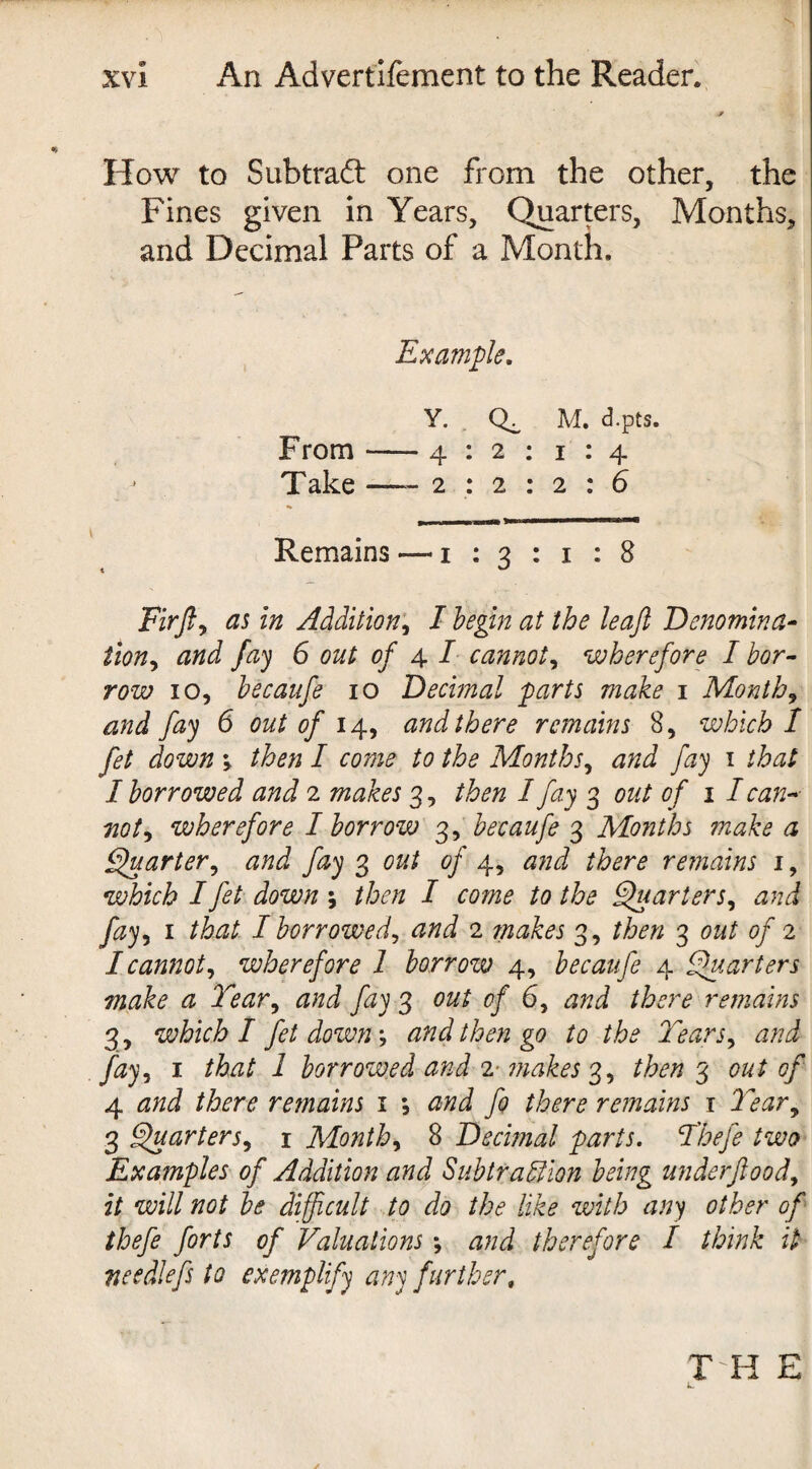 * How to Subtract one from the other, the Fines given in Years, Quarters, Months, and Decimal Parts of a Month. Example, Y. M. d.pts. From —- 4:2: 1:4 j Take — 2:2:2 : 6 Remains —-1 : 3 : 1 : 8 Fir ft, as in Addition, I begin at the leaft Denomina¬ tion, and fay 6 out of 4 I cannot, wherefore I bor¬ row 10, becanfe 10 Decimal parts make 1 Month, and fay 6 out of 14, and there remains 8, which I fet down \ then I come to the Months, and fay 1 that I borrowed and 2 makes 3, then I fay 3 out of 1 I can-- not, wherefore I borrow 3, becaufe 3 Months make a Quarter, and fay 3 out of 4, and there remains 1, which I fet down then I come to the Quarters, and fay, 1 that I borrowed, and 2 inakes 3, then 3 out of 2 I cannot, wherefore 1 borrow 4, becaufe 4 Quarters make a Tear, and fay 3 out of 6, and there remains 3, which I fet down-, and then go to the Tears, fay, 1 that 1 borrowed and 2- makes 3, then 3 out of 4 tf/zi there remains 1 ; fo there remains 1 3 Quarters, 1 Month, 8 Decimal parts. Thefe two Examples of Addition and Subtraction being underflood, zV wz7/ be difficult to do the like with any other of thefe forts of Valuations; and therefore I think it needlefs to exemplify any further. T H E