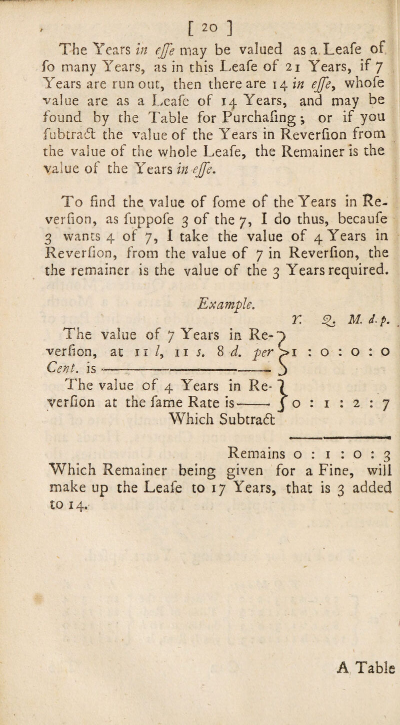 [20 ] The Years in ejffe may be valued as a Leafe of fo many Years, as in this Leafe of 21 Years, if 7 Years are runout, then there are 142^ ejfe> whofe value are as a Leafe of 14 YYars, and may be found by the Table for Purchafmg; or if you fubtrafl the value of the Years in Reverfion from the value of the whole Leafe, the Remainer is the value of the Years in ejje. To find the value of fome of the Years in Re¬ verfion, as fuppofe 3 of the 7, I do thus, becaufe 3 wants 4 of 7, I take the value of 4 Years in Reverfion, from the value of 7 in Reverfion, the the remainer is the value of the 3 Years required. Exam-pie. Y. M. d. p. The value of 7 Years in Re-~> verfion, at 11 /, 11 j, 8 d. per> 1 : o : o : O Cent, is ---—--- j The value of 4 Years in Re-1 verfion at the fame Rate is-- J o : 1 : 2 : 7 Which Subtract Remains 0:110:3 Which Remainer being given for a Fine, will make up the Leafe to 17 Years, that is 3 added to 14. \