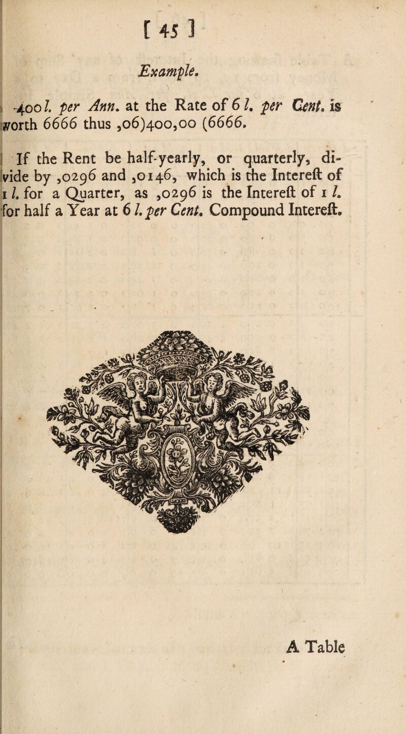 Example. - '* 400/, per Ann. at the Rate of 61. per Cent, is i^orth 6666 thus ,06)400,00 (6666, If the Rent behalf-yearly, or quarterly, di¬ vide by ,0296 and ,0146, which is die Intereft of 11. for a Quarter, as ,0296 is the Intereft of 11. for half a Year at 61 per Cent. Compound Intereft. A Table