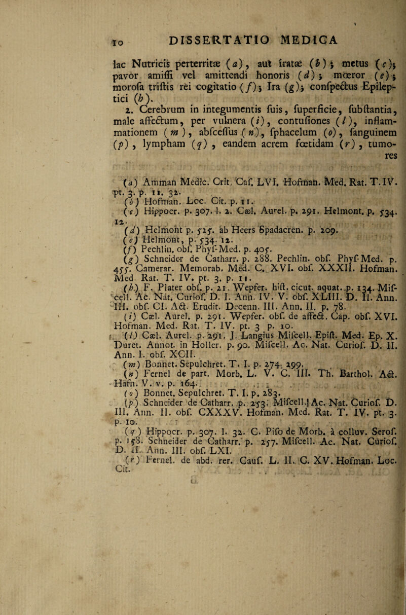 io lac Nutricis perterritae {a), aut iratae (b) \ metus (r)$ pavor amifli vel amittendi honoris (d) •, moeror (e) *, morofa triftis rei cogitatio (/)j Ira (g)> confpeftus Epilep¬ tici (b). 2. Cerebrum in integumentis fuis, fuperficie, fubftantia, male affedhim, per vulnera (i), contufiones (/), inflam¬ mationem (*» ), abfceflus ( n), fphacelum (0), fanguinem (/>) , lympham (q) , eandem acrem foetidam (r) , tumo¬ res ■f y • ' „ — («) Amman Medie. Crit, Caf. LVI. Hofman. Med. Rat. T.IV. pt. 3. p. ii. 31. (b) Hofman. Loc. Cit. p. 11. (c) Hippocr. p. 307. 1. 2. Cael. Aurei, p. 291. Helmont. p. 5-34. 12- (d) Helmont p. ab Heers Spadacren. p. 209. (e) Helmont, p* y34-12. (/) Pechlin. obf. Phyf-Med. p. 40?. (g) Schneide-r de Catharr. p. 288. Pechlin. obf. PhyPMed. p. 4yy. Camerar. Memorab. Med. C. XVI. obf. XXXII. Hofman. Med Rat. T. IV. pt. 3. p. 11. (b.) F. Plater obf. p. 21. Wepfer. hift. cicut. aquat.,p. 134. Mif- cell. Ac. Nat. Curiof. D. I. Anii. IV. V. obf. XLIII. D. II. Ann. III. obf. CI. Ad. Erudit. Decenn. III. Ann. II. p. 78. (i) Cael. Aurei, p. 291. Wepfer. obf. de affed. Cap. obf. XVI. Hofman. Med. Rat. T. IV. pt. 3 p. 10. *. (l) Casi. Aurei, p. '291. J. Langius Mifcell. Epift. Med. Ep. X. Duret. Annot. in Holler. p. 90. Mifcell. Ac. Nat. Curiof. D. II. Ann. I. obf. XCII. (m) Bonnet. Sepulchret. T. I. p. 274. 299. (») Fernel de part. Morb. L. V. C. III. Th. Barthol. Ad. Hafn. V. v. p. 164. , (0) Bonnet. Sepulchret. T. I. p. 283. (/>) Schneider de Catharr. p. 253. Mifcell.J Ac. Nat. Curiof. D. III. Ann. II. obf. CXXXV. Hofman. Med. Rat. T. IV. pt. 3. p. 10. . ' I . ... , r ( f' j (7) Hippocr. p. 307. 1. 32. C. Pifo de Morb. a colluv. Serof. p. ifS. Schneider de Catharr. p. 257. Mifcell. Ac. Nat. Curiof. D. ii. Ann. III. obf. LXI. . (O Fernel. de abd. rer. Cauf. L. II. C. XV. Hofman. Loc. Cit.