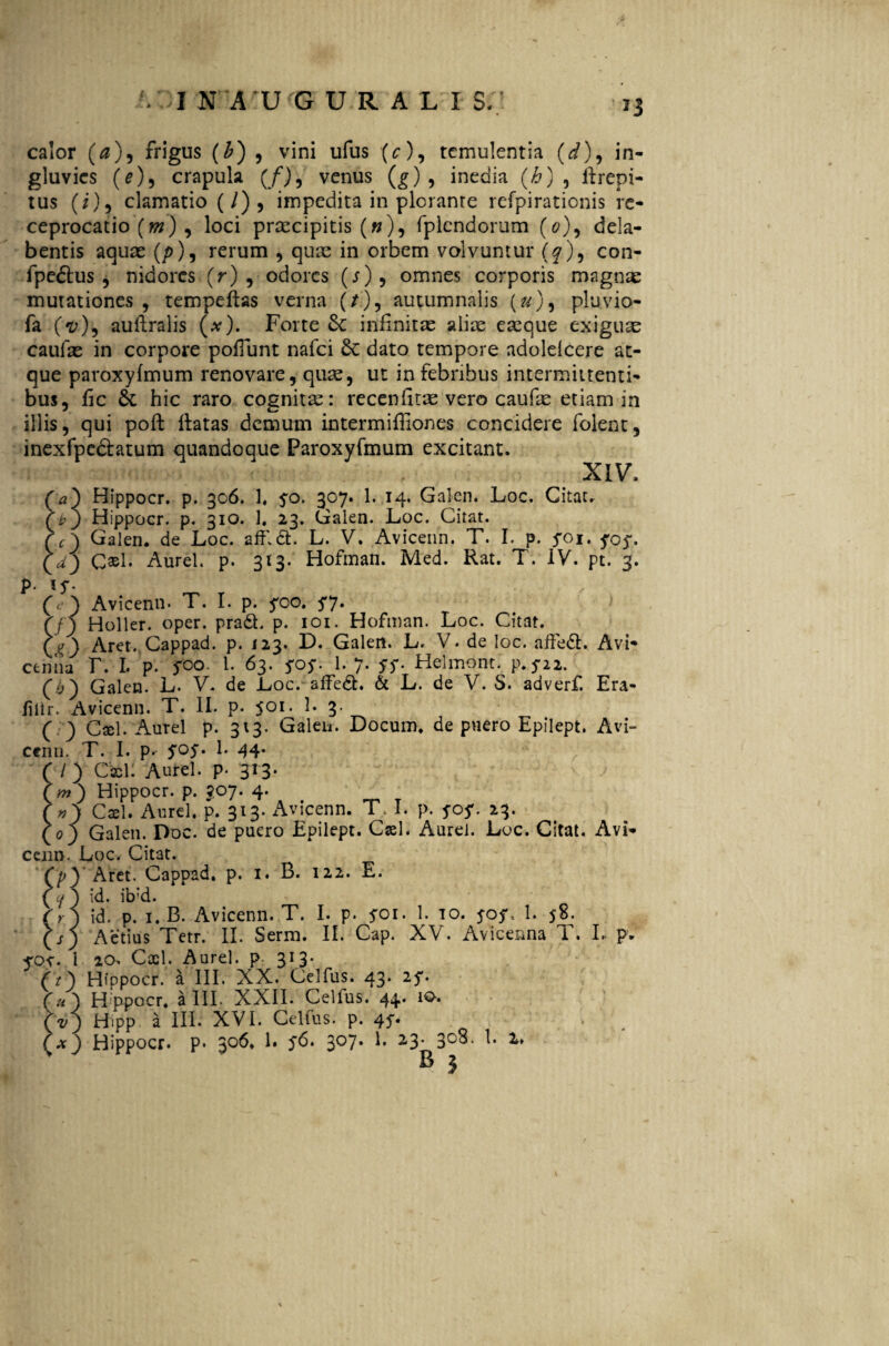 ■v. I N A U G URALIS/ 13 calor (a)9 frigus (£) , vini ufus (c), temulentia (^), in¬ gluvies (tf), crapula (/), venus (g) , inedia (£) , llrepi- tus (/), clamatio (/), impedita in plorante refpirationis re- ceprocatio (m) , loci praecipitis (»), fplcndorum (0), dela- bentis aquae (p)9 rerum , quae in orbem volvuntur \q)9 con- fpe&us , nidores (r) 9 odores (s)9 omnes corporis magnae mutationes , tempeftas verna (r), autumnalis (u)9 pluvio- fa (v)9 auftralis (at). Forte 3c infinitae aliae eseque exigua caulae in corpore poliunt nafei dato tempore adolelcere at¬ que paroxylmum renovare, quse, ut in febribus intermittenti¬ bus, fic 6c hic raro cognitae: recenfitae vero caufie etiam in illis, qui poft ftatas demum intermifiiones concidere folent, inexfpc&atum quandoque Paroxyfmum excitant. (a} Hippocr. p. 306. 1« yo. 307. 1. 14. Galen. Loc. Citat. Qt>^) Hippocr. p. 310. 1. 23. Galen. Loc. Citat. C) Galen. de Loc. affdt L. V. Avicenn. T. I. p. yoi. yoy. Qdj C^el- Aurei, p. 313. Hofman. Med. Rat. T. IV. pt. 3. p. iy- ff) Avicenn» T. I. p. yoo. y7» Cf) Holler. oper. pradh p. 101. Hofman. Loc. Citat. f Aret. Cappad. p. 123. D. Galen. L. V* de loc. affedl. Avi* ctmia T. L p. yoo. i. 63. yoy. 1. 7. yy. Helmont. p.yi2. f/j) Galen. L. V. de Loc. affeci. & L. de V. S. adverf. Era- liiir. Avicenn. T. II. p. 501. 1. 3. C ) Cxl. Aurei p. 313. Galen. Docum. de puero Epilept. Avi¬ cenn. T. I. p.- yoy. 1. 44* (/) Chi: Aurei, p. 313. (m) Hippocr. p. qoj. 4. (v) Cxl. Aurei, p. 313. Avicenn. T. I. p. yoy. 23. (0) Galen. Poc. de puero Epilept. Cael. Aurei. Loc. Citat. Avi¬ cenn. Loc. Citat. Cpy Aret. Cappad. p. 1. B. 122. E. ( tf) id. ib'd. (r) id. p. 1. B. Avicenn. T. I. p. yoi. 1. 10. yoy, 1. 58. (s) Aetius Tetr. II. Serm. II. Cap. XV. Avicenna T. L p. yov- i 20, Caci. Aurei, p. 313* (t) Hippocr. a III. XX. Celfus. 43. 2y. 'a) H ppocr. a III. XXII. Celfus. 44. 10. v) Hipp a III. XVI. Celfus. p. 4y. * x) Hippocr. p. 306. 1. 56. 307. 1. 23» 308. 1. 2»