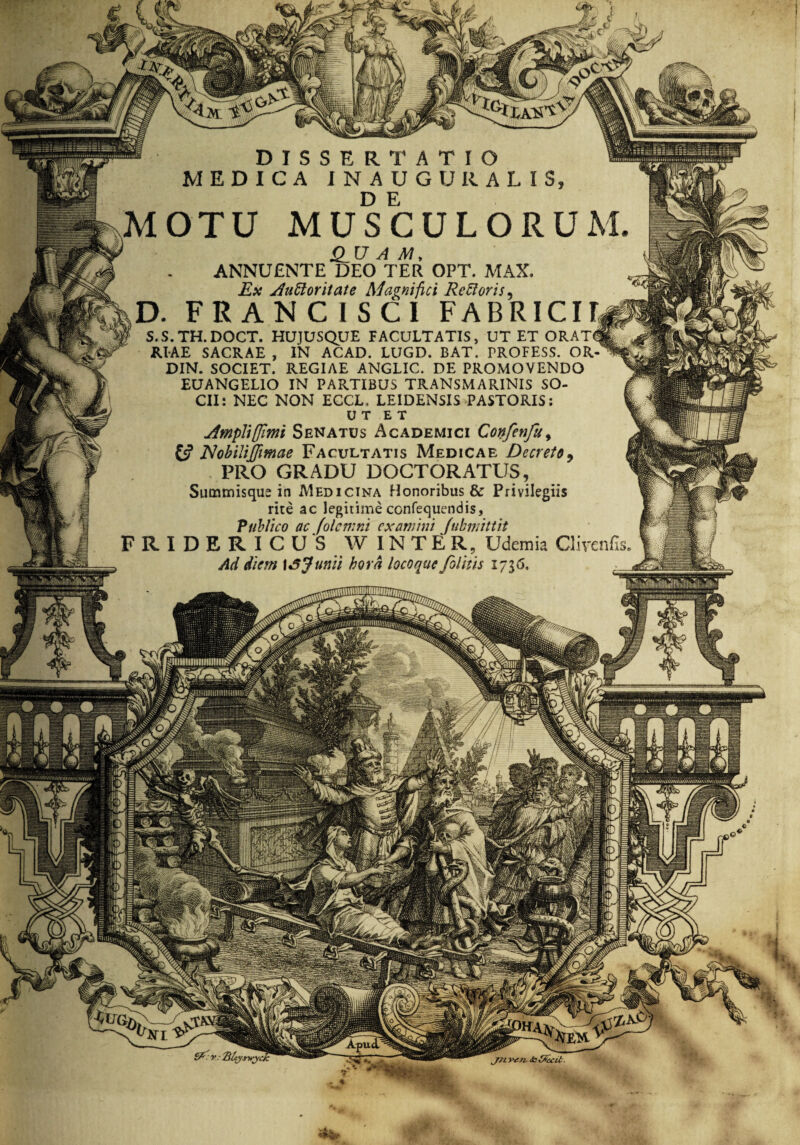 MOTU MUSCULORUM ' O U A M, ANNUENTE DEO TER OPT. MAX. jfuttoritate Magnifici Re&oris^ D. FRANCISCI FABRICILg I S.S.TH.DOCT. HUJUSQUE FACULTATIS, UT ET ORAT» RIAE SACRAE , IN ACAD. LUGD. BAT. PROFESS. OR-^ DIN. SOCIET. REGIAE ANGLIC. DE PROMOVENDO EUANGELIO IN PARTIBUS TRANSMARINIS SO¬ CII: NEC NON ECCL, LEIDENSIS PASTORIS: UT ET jimpJiffimi Senatus Academici Confeenfeu, £s? Nobilifeimae Facultatis Medicae Decreto9 PRO GRADU DOCTORATUS, Summisque in Medicina Honoribus & Privilegiis rite ac legitime confequendis, Publico ac folemni examini (ubmittit FRIDERICUS WINTER, Ude mia Clirenfl Ad diem \S Junii hora locoque felitis 1736, 'Ctn jn vtn. Ss Sfait. -■ v-vsr«w ■