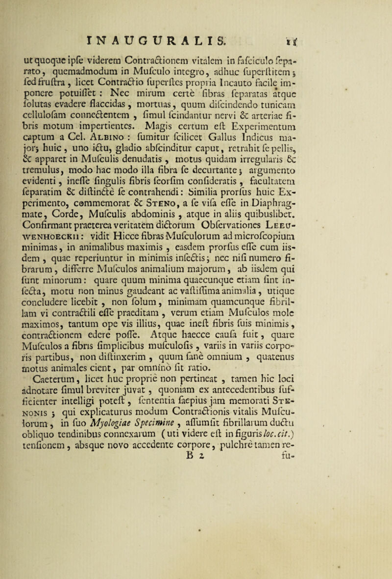 ut quoqueipfe viderem Contractionem vitalem in fafeiculo fepa- rato, quemadmodum in Mufculo integro, adhuc fuperflitem* fedfruflra, licet Contradio fu perfles propria Incauto facile im¬ ponere potuifiet : Nec mirum certe fibras feparatas atque folutas evadere flaccidas , mortuas, quum difeindendo tunicam cellulofam connedentem , fimul fcindantur nervi 6c arteriae fi¬ bris motum impertientes. Magis certum efl Experimentum captum a Cei. Albino : fumitur fcilicet Gallus Indicus ma¬ jor* huic, uno idu, gladio abfeinditur caput, retrahit fe pellis, & apparet in Mufculis denudatis , motus quidam irregularis 6c tremulus, modo hac modo illa fibra fe decurtante* argumento evidenti, inefle fingulis fibris feorfim confideratis, facultatem feparatim diflindte fe contrahendi: Similia prorfus huic Ex¬ perimento, commemorat 6c Steno, a fe vifa efle in Diaphrag¬ mate, Corde, Mufculis abdominis , atque in aliis quibuslibet. Confirmant praeterea veritatem didorum Obfervationes Leeu- wenhoeckii : vidit Hicce fibras Mufculorum ad microfcopium minimas, in animalibus maximis , easdem prorfus efle cum iis¬ dem , quae reperiuntur in minimis infedis * nec nifi numero fi¬ brarum, differre Mufculos animalium majorum, ab iisdem qui funt minorum: quare quum minima quaecunque etiam fint in- feda, motu non minus gaudeant ac vafliflimaanimalia , utique concludere licebit , non folum, minimam quamcunque fibril¬ lam vi contradili efle praeditam , verum etiam Mufculos mole maximos, tantum ope vis illius, quae ineft fibris fuis minimis, contradionem edere poffe. Atque haecce caula fuit, quare Mufculos a fibris fimplicibus mufculofis, variis in variis corpo¬ ris partibus, non diffinxerim , quuin lane omnium , quatenus motus animales cient, par omnino fit ratio. Caeterum, licet huc proprie non pertineat , tamen hic loci adnotare fimul breviter juvat, quoniam ex antecedentibus fuf- ficienter intelligi poteft , fententia faepius jam memorati Ste- nonis * qui explicaturus modum Contradionis vitalis Mufcu- lorum , in fuo Myologiae Specimine , aflumfit fibrillarum dudu obliquo tendinibus connexarum (uti videre efl in figuris loc.cit.) tenfionem , absque novo acccdentc corpore, pulchre tamen re- B z fu-