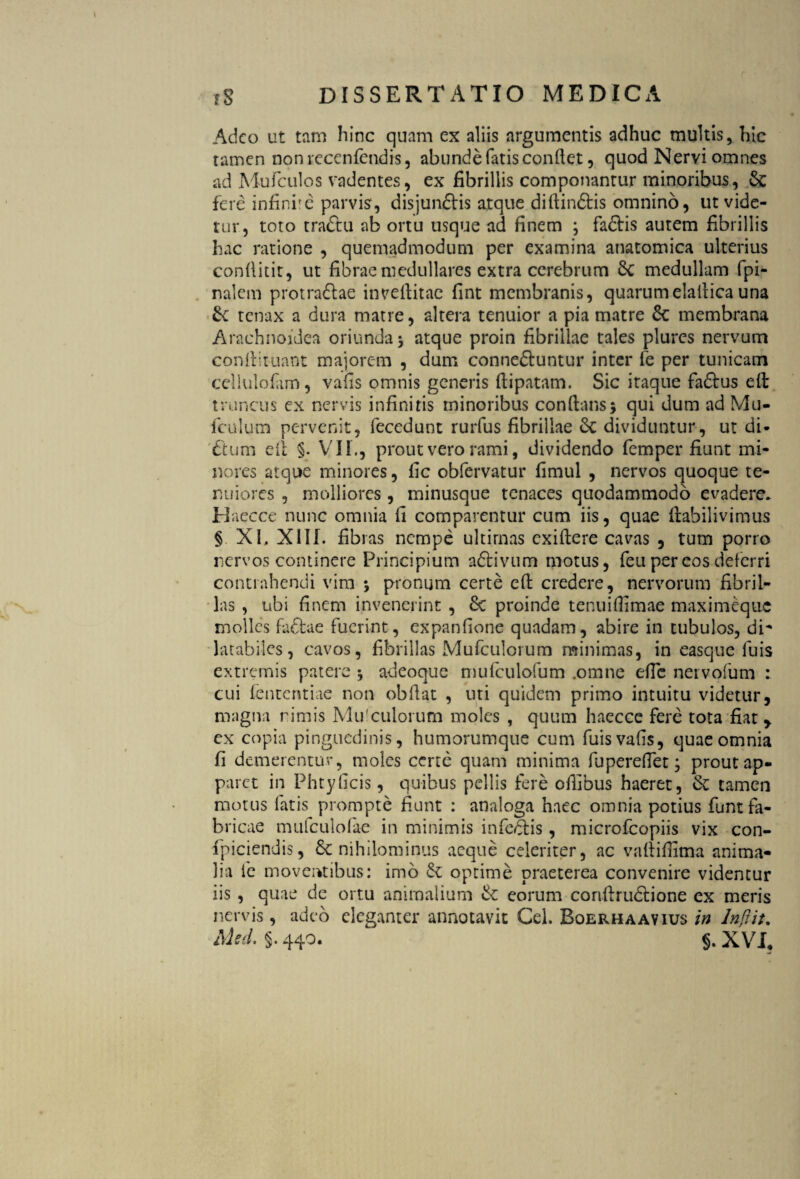 Adeo ut tam hinc quam ex aliis argumentis adhuc multis, hic tamen nonrecenfendis, abunde fatis condet, quod Nervi omnes ad Mufculos vadentes, ex fibrillis componantur minoribus, & fere infinire parvis, disjun«5bis atque diftin&is omnino, ut vide¬ tur, toto traftu ab ortu usque ad finem ; faftis autem fibrillis hac ratione , quemadmodum per examina anatomica ulterius confluit, ut fibrae medullares extra cerebrum 8c medullam fpi- nalcm protractae inveftitae fint membranis, quarumelailica una £c tenax a dura matre, altera tenuior a pia matre Sc membrana Arachnoidea oriunda ; atque proin fibrillae tales plurcs nervum conflltuant majorem , dum conne&untur inter fe per tunicam cellulofam, vafis omnis generis fiipatam. Sic itaque faCirus efl truncus ex nervis infinitis minoribus conflans; qui dum ad Mu- fculum pervenit, fecedunt rurfus fibrillae dividuntur, ut di* £tum eil §. VII., prout vero rami, dividendo femper fiunt mi¬ nores atque minores, fic obfervatur fimul , nervos quoque te¬ nuiores , molliores, minusque tenaces quodammodo evadere. Haecce nunc omnia fi comparentur cum iis, quae ftabilivimus § XI, XIII. fibras nempe ultimas exiftere cavas , tum porro nervos continere Principium aftivum motus, feu per eos deferri contrahendi vim ; pronum certe effc credere, nervorum fibril¬ las , ubi finem invenerint , 8c proinde tenuiffimae maximeque molles faftae fuerint, expanfione quadam, abire in tubulos, dP latabiles, cavos, fibrillas Mufculorum minimas, in easque fuis extremis patere ; adeoque mufculofum .omne efTc nervofum : cui fententiae non obdat , uti quidem primo intuitu videtur, magna rimis Mu'culorum moles , quum haecce fere tota fiat y ex copia pinguedinis, humorumque cum fuis vafis, quae omnia fi demerentur, moles certe quam minima fu peredet; prout ap¬ paret in Phtyficis, quibus pellis fere ofiibus haeret, & tamen motus fatis prompte fiunt : analoga haec omnia potius funt fa¬ bricae mufculofae in minimis infedlis, microfcopiis vix con- fpiciendis, & nihilominus aeque celeriter, ac vaftiffima anima¬ lia fe moventibus: imo optime praeterea convenire videntur iis , quae de ortu animalium &: eorum coriflrudlione ex meris nervis, adeo eleganter annotavit Cei. Boerhaavius in lnftit. Med. §. 440. §. XVJ.