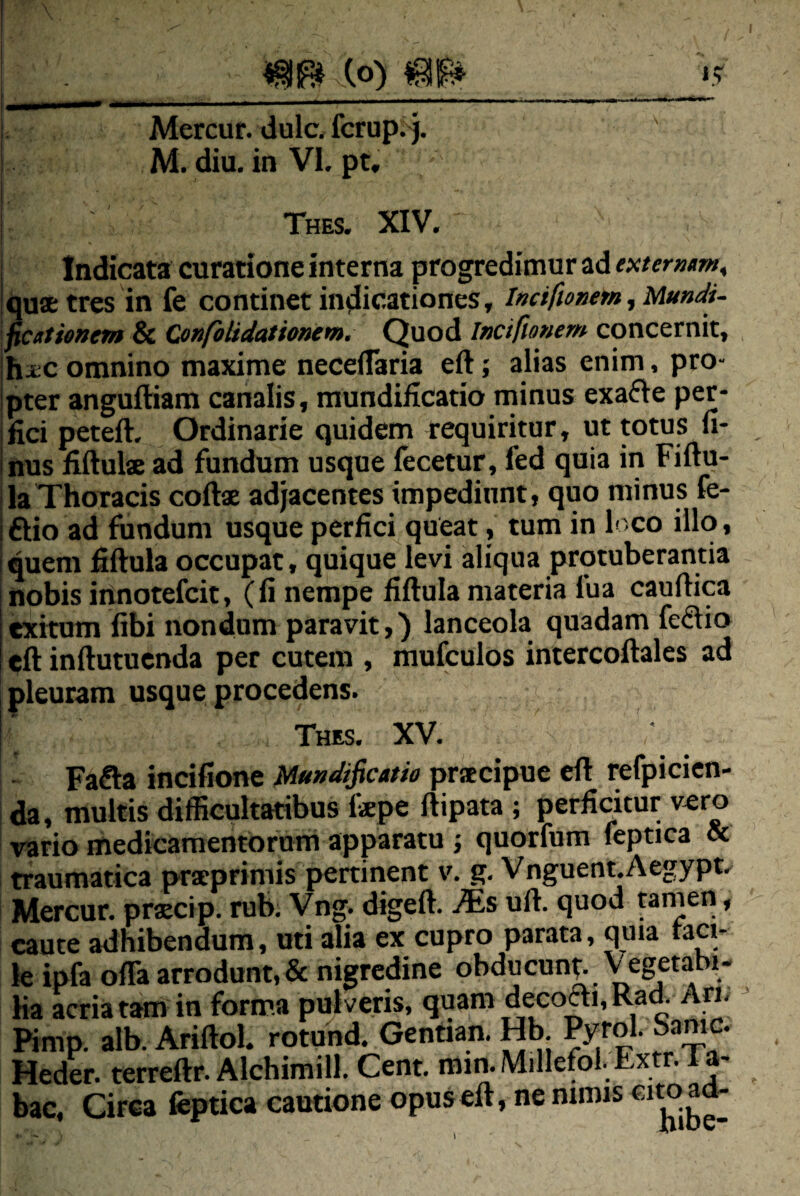 Mercur. dulc, fcrup. j. M. diu. in VI. pt. Thes. XIV. Indicata curatione interna progredimur ad txtermm^ Iquatres in fe continet indicationes, Imifmem, Mundi- ficAticnem & ConfoUdationem, Quod Inctfionem concernit, ihxc omnino maxime necelTaria eft; alias enim, pro- ipter anguftiam canalis, mundificatio rninus exafte per- ; lici peteft. Ordinarie quidem requiritur, ut totus n- inus fiftuls ad fundum usque fecetur, fed quia in Fiftu- laThoracis coftae adjacentes impediunt, quo minus fe- I ftio ad fundum usque perfici queat, tum in loco illo, iquem filVula occupat, quique levi aliqua protuberantia nobis innotefcit, ( fi nempe fiftula materia fua cauftica exitum fibi nondum paravit,) lanceola quadam fedio eft inftutucnda per cutem , mufculos intercoftales ad pleuram usque procedens. Thes. XV. Fafta incifione Mu^dificat/e prsccipue eft refpicicn- da, multis difficultatibus Ikpe ftipata; perficitur vero vario medicamentorum apparatu j quorfum feptica « traumatica prarprimis pertinent v. g. Vnguent.Aegypt. Mercur. prsecip. rub. Vng. digeft. ^s uft. quod tamen, caute adhibendum, uti alia ex cupro parata, quia raci- le ipfa ofia arrodunt, & nigredine obducunt Vegetabi- ha acria tam in forma pulveris, quam decoai, Rad. Ari, Rmp. alb. Ariftol. rotund. Gentian. Hb. Pyrol. Same. Heder. terreftr. Alchimill. Cent. min.Millefol. Extr. la- bac, Circa feptica cautione opus eft, ne nimis cito ad-