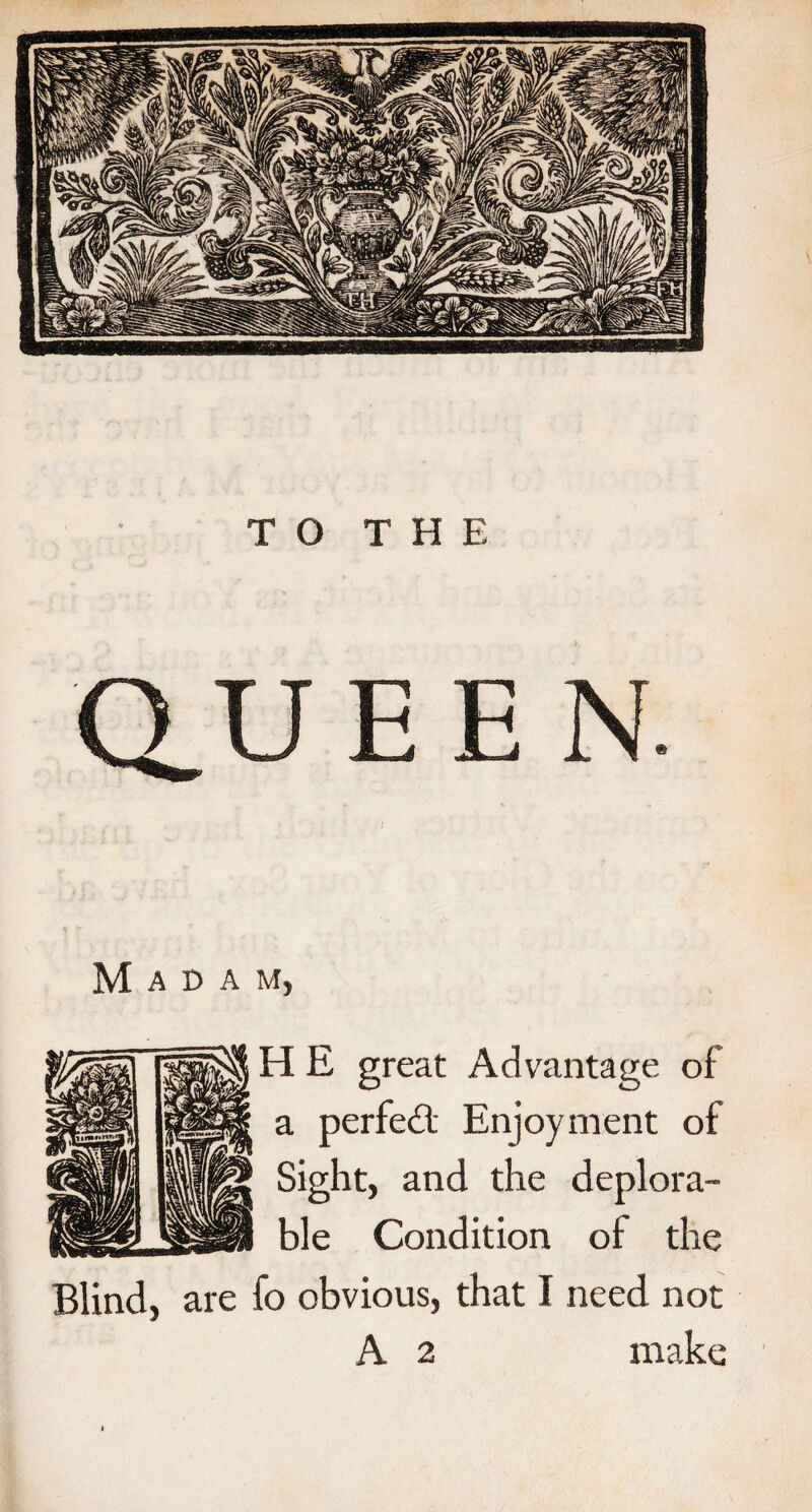 QUEEN Madam, ge oi a perfect Enjoyment of Sight, and the deplora¬ ble Condition of the Blind, are fo obvious, that I need not