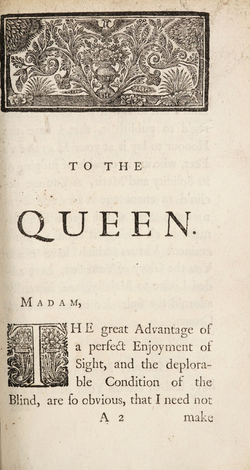 Madam, E great Advantage of a perfect Enjoyment oi Sight, and the deplora¬ ble Condition Oi Blind, are fo obvious, that I need not A 2 mal vU \