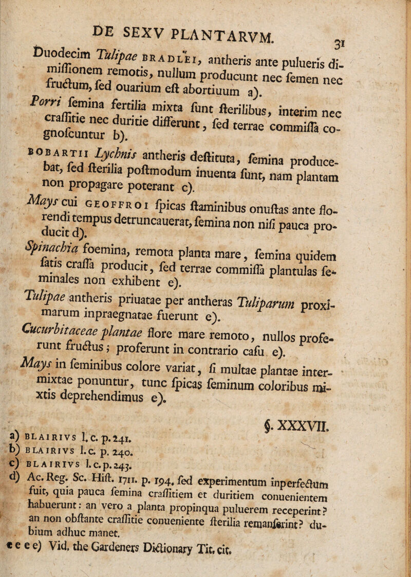 Duodecim Tulipae bradlei, antheris ante pulueris di- m^crn rrnrotB, nullum producunt nec femen nec iructum, fed ouarium eft abortiuum a). ^craffirieneJrtUk 7T funt fteri,ibus> nec gnofctnmr b““ ’ fed teme'comm^ ^o- t0li^AayiniS ftheris defticuta’ fe!™a produce- non nmUen ia poftmodum inuenta p«nt, nam plantam non propagare poterant c). Mays cui ge offr o i fpicas flaminibus onuftas ante flo- ducit d)mpus detruncauerat'femina non nifi pauca pro- Spinachia foemina, remota planta mare, femina quidem latis crafla producit, fed terrae commilfa plantulas fe- minales non exhibent e). V Tulipae antheris priuatae per antheras Tuliparum proxi- marum inpraegnatae fuerunt e). Cucurittaceaeplantae flore mare remoto, nullos profe¬ runt fruftus; proferunt in contrario cafu e). , Mays m feminibus colore variat, fi multae plantae inter- • mixtae ponuntur, tunc lpicas feminum coloribus mi¬ xtis deprehendimus e). . $. XXXVII, a; blairivs 1,c.p.241, b) BLAIRIVS l.C. p. 240. c) BLAIRIVS I,C.p.24J. d) Ac. Reg. Sc. Hift. 1711. p. 194, fed experimentum inperfeflum fuit, quia pauca femina craffitiem et duritiem conuenientem habuerunt: an vero a planta propinqua puluerem receperint3 an non obftante craffitie conueniente Herilia remanferint? du- biurn adhuc manet. * e e e) Vid. the Gardencrs Diflionary Tit, cit.