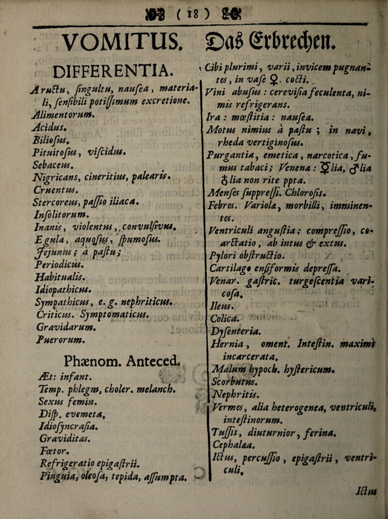 VOMITUS. DIFFERENTIA. A ruHu y fingultu, naufea > materia /i5 fenfibili potifjmnm excretione. Alimentorum, Acidus• Biliofus♦ Pituitofus, vifcidus. Sebaceus. Nigricans, cineritiust palearis♦ Cruentus. Stercoreus y paflfio iliaca. Infe litorum. Inanis, violentus, fconvulfivus. E gula y aquojus fjpumojus. unus i d pafiu; Periodicus. Habitualis. Idiopathicus. Sympathicus y e.g. nephriticus. Criticus. Symptomaticus. Gravidarum. Puerorum. Phaenom. Anteced. infant. Temp. phlegm, choler. melanch. Se a?#* femin. Dijp. evemeta* Idiofyncrajia. Graviditas, poetor. Refrigeratio epigaflrii. Pinguia, oleofa, tepida, ajfumpta. Siis etbuxixit. \ plurimi y varii, invicem pugnan- j re*, i» §. . I abufus : cerevijia feculenta, ni¬ mis refrigerans. I /r4 : moeftitia : naufea. I Motus nimius d pafiu ; i» vertiginofus. I Purgantia ^ emetica, narcotica, fu* | tabaci; Venena : ^lia} tflia i| $ //^ «o# ri/r 1 Menfes fupprefi, Chlorofis• 1 Febres. Variola, morbilli, imminen- s I Ventriculi angufiia; tompreffio, ce- | arffatio, ab intus & extus. 1 Pylori obftruttio. I Cartilago enfiformis deprejfa. I Venar, gafiric. turge flentia vari* I 1 Colica. * I Dyfenteria. Hernia , ornent. Intefiin. maximi incarcerata. Malum hypoch. hyfiericum• Scorbutus. v Nephritis. Vermes y alia heterogenea, ventriculi, intefiinorum. Tuffis, diuturnior, ferina. Cephalaa. lttus, percuffio, epigaflrii, ventri- culif