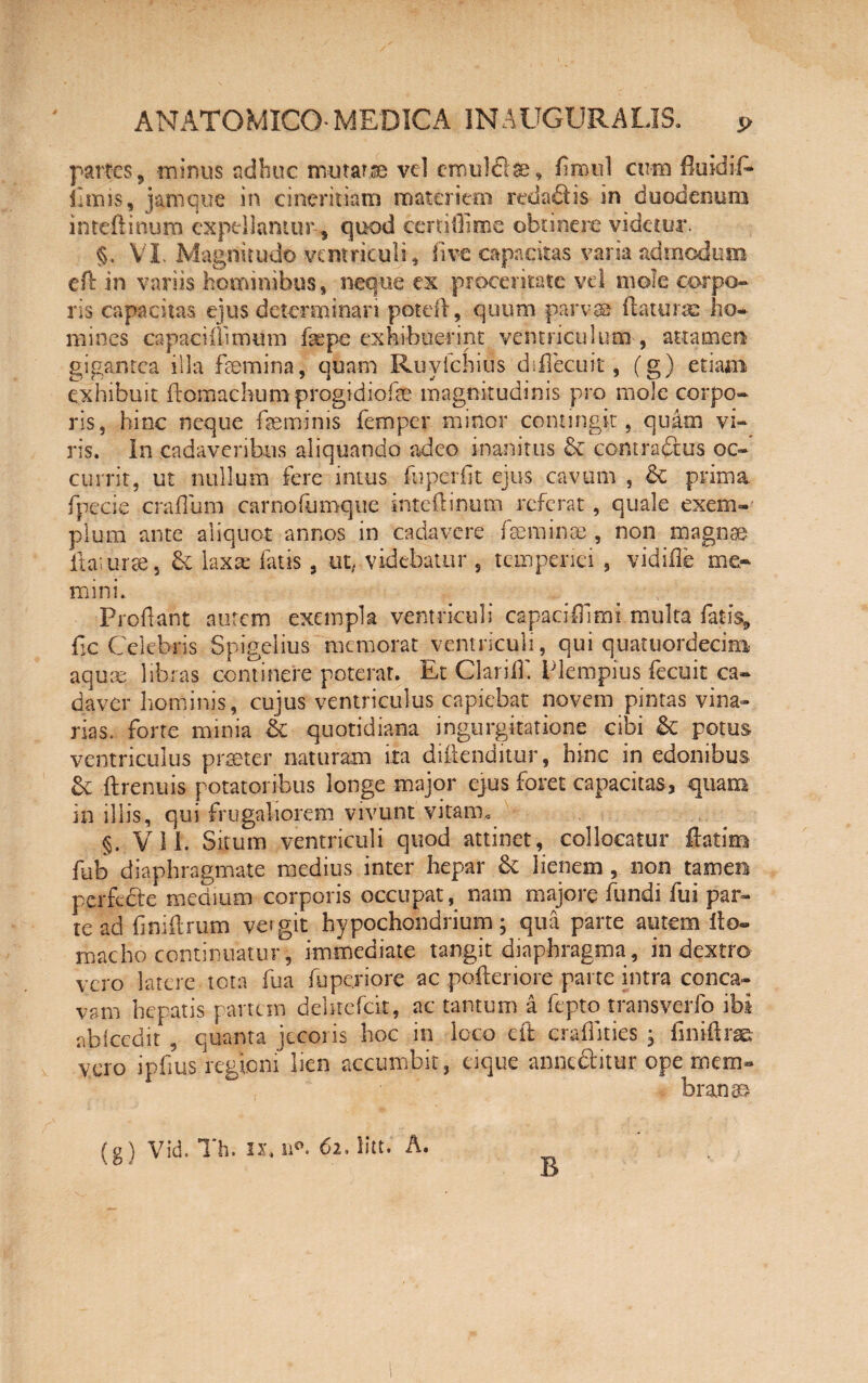 partes , minus adhuc mutare vel emulcfe, firoul cum fluidiR lunis, jam que in cinericiam materiem redadtis in duodenum intefiinum expellantur, quod certi ili me obtinere videtur. §. VI. Magnitudo ventriculi, live capacitas varia admodum eft in variis hominibus, neque ex proceritate vel mole corpo¬ ris capacitas ejus determinari potefl, quum parvae flaturae ho¬ mines capaciflimum fepe exhibuerint ventriculum-attamen gigantea illa femina, quam -Ruylchius diffecuit, (g) etiajB exhibuit flomachumprogidiofe magnitudinis pro mole corpo¬ ris, hinc neque feminis femper minor contingit, quam vi¬ ris. In cadaveribus aliquando adeo inanitus & contradens oc¬ currit, ut nullum fere intus fuperfit ejus cavum , &C prima fpecie craflum carnofuroque intefiinum referat, quale exem¬ plum ante aliquot annos in cadavere feminee , non magnae itat urse, & laxa; fatis 3 ut, videbatur s temperiei 3 vidifle me¬ mini. Proflant autem exempla ventriculi capacifTimi multa fatis, fx Celebris Spigelius memorat ventriculi, qui quatuordecim aquae; libras continere poterat. Et Clarift Plempius fecuit ca¬ daver hominis, cujus ventriculus capiebat novem pintas vina¬ rias. forte minia & quotidiana ingurgitatione cibi &: potus ventriculus praeter naturam ita difknditur, hinc in edonibus &; flrenuis potatoribus longe major ejus foret capacitas, quam in illis, qui frugaliorem vivunt vitam, §. VII. Situm ventriculi quod attinet, collocatur flarim fub diaphragmate medius inter hepar Se lienem , non tamen per ferit e medium corporis occupat, nam majore fundi fui par¬ te ad finiftrum vergit hypochondrium; qua parte autem Ito» macho continuatur, immediate tangit diaphragma, in dextro vero latere tota fua fuperiore ac pofknore parte intra conca¬ vam hepatis partem dehtefeit, ac tantum a fepto transverfo ibi abfcedit 9 quanta jecoris hoc in loco eft craffities , finiftrae vero ipfms regioni lien accumbit, eique anneriiitur ope mem¬ branas (g) Vid. Tb. ix. n°. 62. litt. A. B