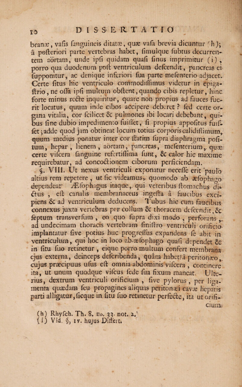 EO brancc, vafis fanguineis ditatae, quae vafa brevia dicuntur rh)\ a pofteriori parte vertebras habet, hmuique fubtus decurren¬ tem aortam, unde ipfi quidam quafi finus imprimitur (i), porro qua duodenum poli ventriculum defcendit, pancreas ei fupponitur, ac denique inferiori fua parte mefenrerio adjacet. Certe fitus hic ventriculo commodi Ili mus videtur in epiga- !lrio,ne offa ipfi multum obftent, quando cibis repletur, hinc forte minus refte inquiritur, quare non propius ad fauces fue¬ rit locatus, quum inde cibos accipere deberet ? fed certe or¬ gana vitalia, cor fcilicet&c pulmones ibi locari debebant, qui¬ bus line dubio impedimento fuilTet, fi propius appofitus fuif- let;adde quod jam obtineat locum totius corporis e-alidiflimum,. quum medius ponatur inter cor ifatitn fupra diaphragma pofi- tum, hepar, lienem, aortam, pancreas, mefenterium,. quaa certe vifcera fangume refertiffima funt, 6c calor hic maxime requirebatur, ad concodtionem ciborum perficiendam. §. VIII. Ut nexus ventriculi exponatur necefie erit paulo altius rem repetere , ut fic videamus,, quomodo ab aefiopha^o dependear /Efophagus itaque,, qui veteribus flomachus dh dtus , efi canalis membranaceus ingefia a faucibus exci¬ piens Sc ad ventriculum deducens. Tubus hic cum faucibus connexus juxta vertebras per collum 5c thoracem dcfcendit.& feptum transverfum , eo quo fupra dixi modo , perforans ad undecimam thoracis vertebram finiftro ventriculi orificio implantatur five potius huc progreCus expandens fe abit in ventriculum , qui hoc in loco ab*tefephago quafi dependet ia litu fuo retinetur , eique porro multum confert membrana ejus externa, deinceps defcribenda, quam habet? a peritonaeo, cujus praecipuus ufus efi omnia abdominis vifcera , continere ita, ut anum quodque vifcus fede fua fixum maneat. Ulte¬ rius, dextrum ventriculi orificium , five pylorus , per liga¬ menta quaedam feu propagines aliquas peritonaei cavae hepatis garri alligatur, licque ia ficu fuo retinetur perfecte, ita ur orifi¬ cium* (h) Rhyfcb. Th. 8* no. 33. not. V (i) Vid. §} iy. hujus Difteiti